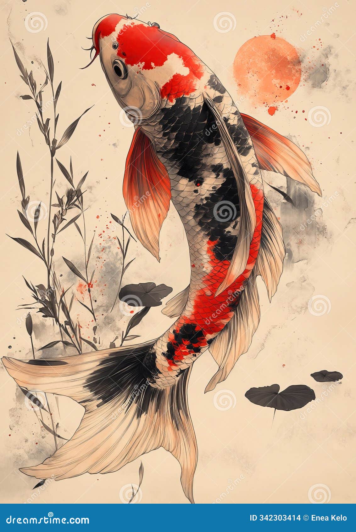 under the gentle glow of a full moon, a solitary koi fish glides gracefully beneath the waterâs surface