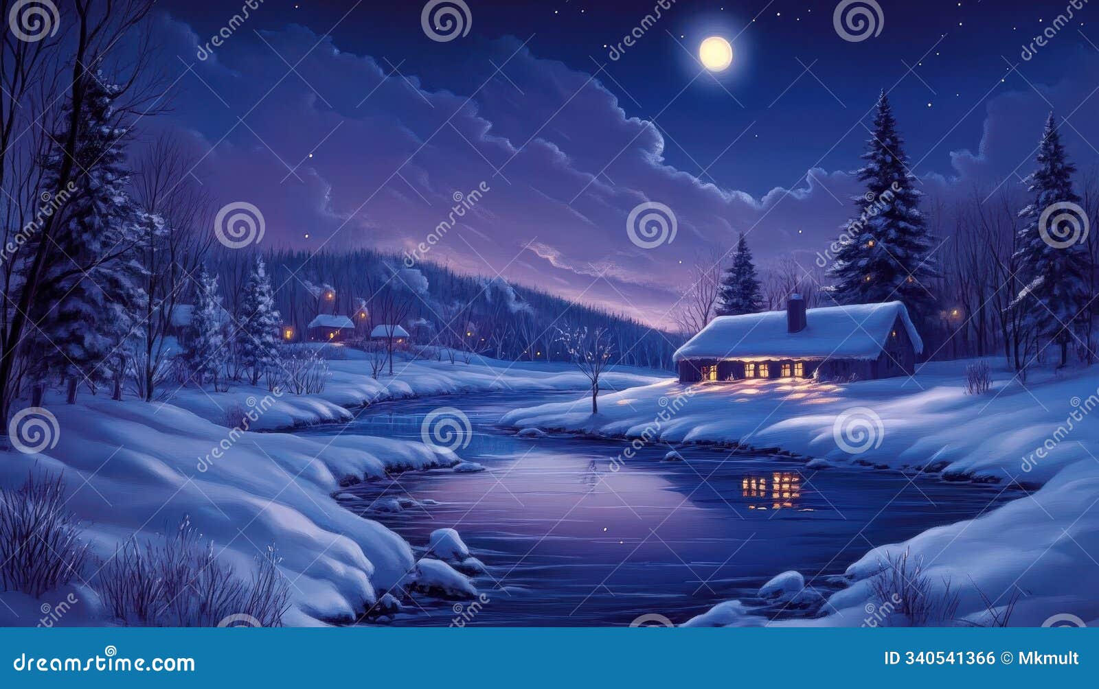 a serene winter night landscape with a cozy cabin by a tranquil river