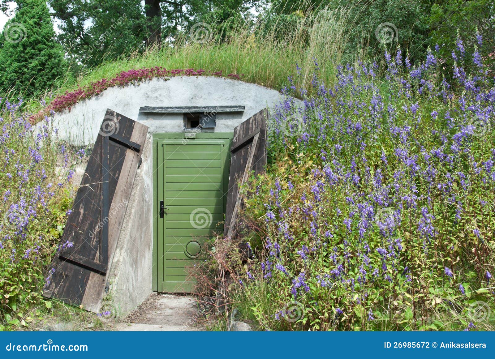 underground dwelling under a blooming hill