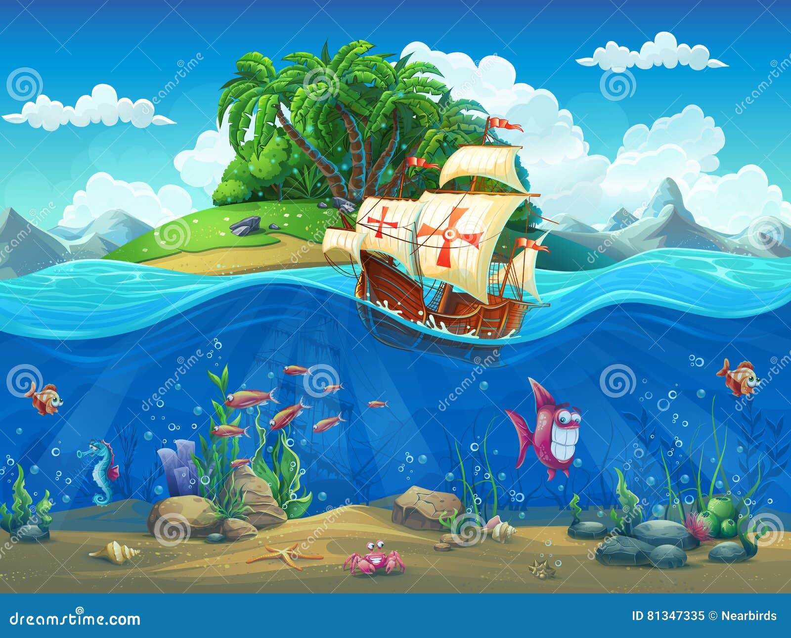 undersea world with island and sailing ship