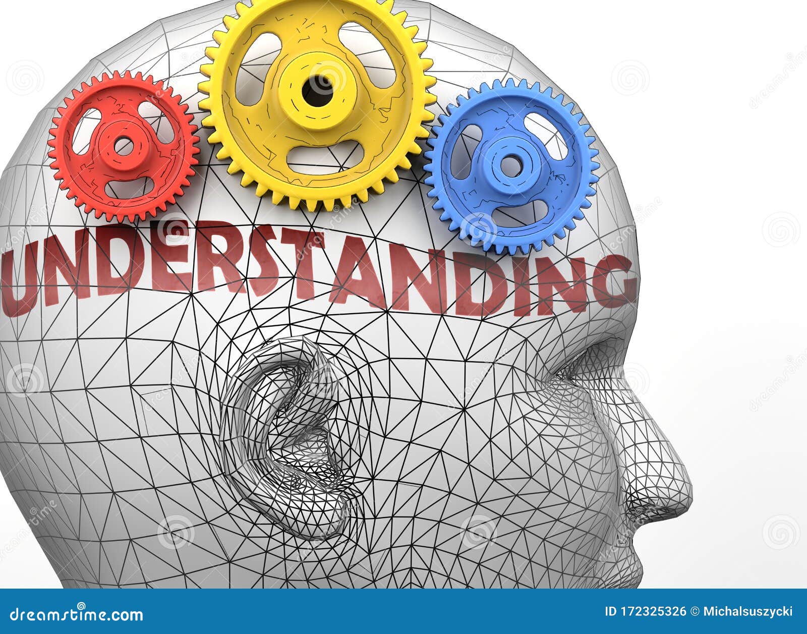 understanding and human mind - pictured as word understanding inside a head to ize relation between understanding and the