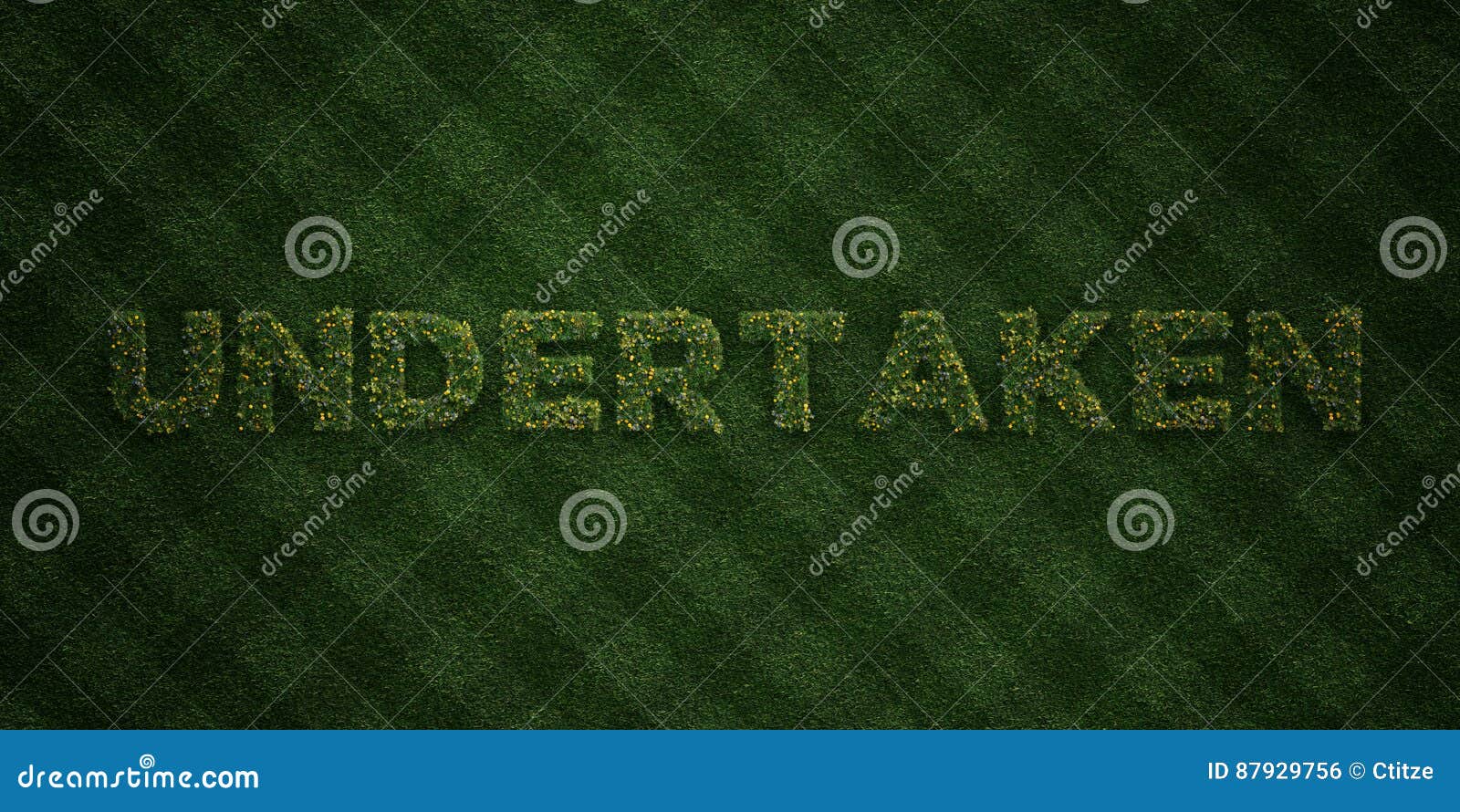 undertaken - fresh grass letters with flowers and dandelions - 3d rendered royalty free stock image