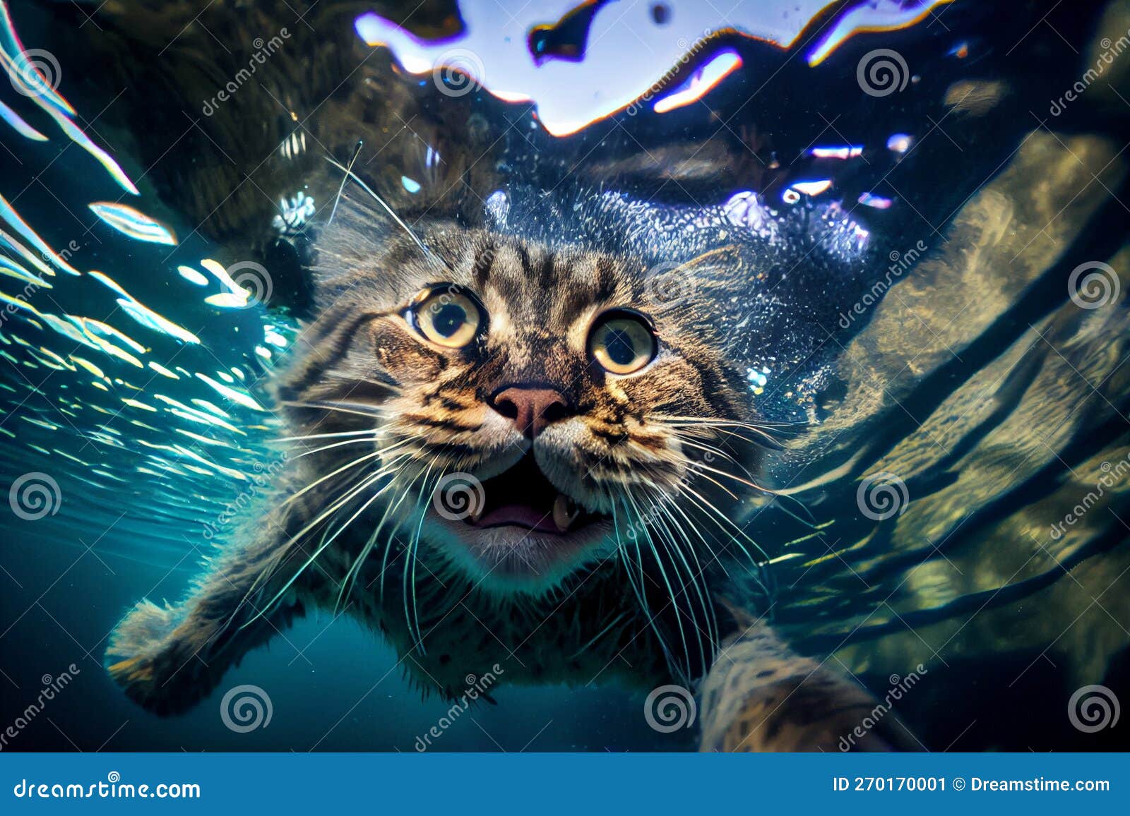 underwater action  portrait of funny cat diving in pool. generative ai