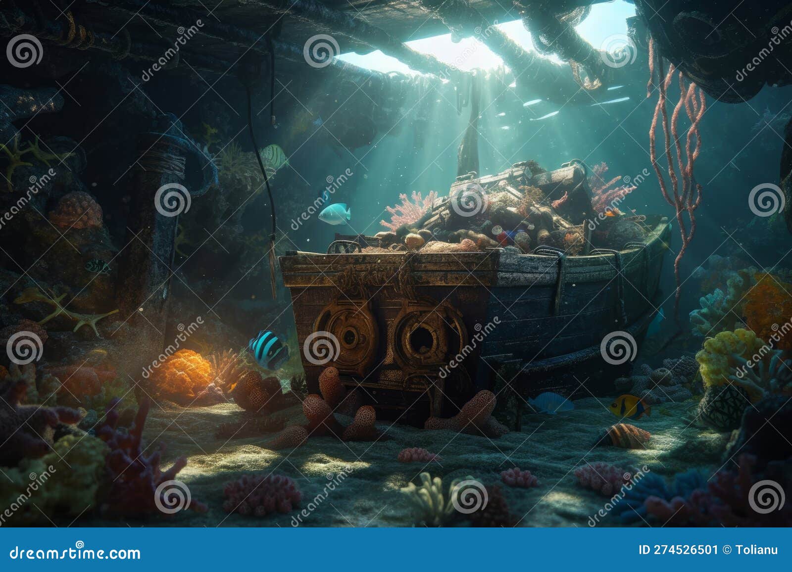 Underwater Adventure: Sunken Ship, Octopus, Treasure and Coral in