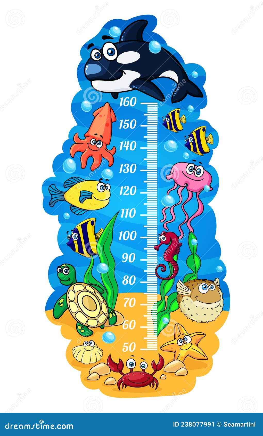 Kids Height Chart With Cute Animals. Children Growth Meter, Wall Sticker  For Children Height Measurement Scales Stock Vector