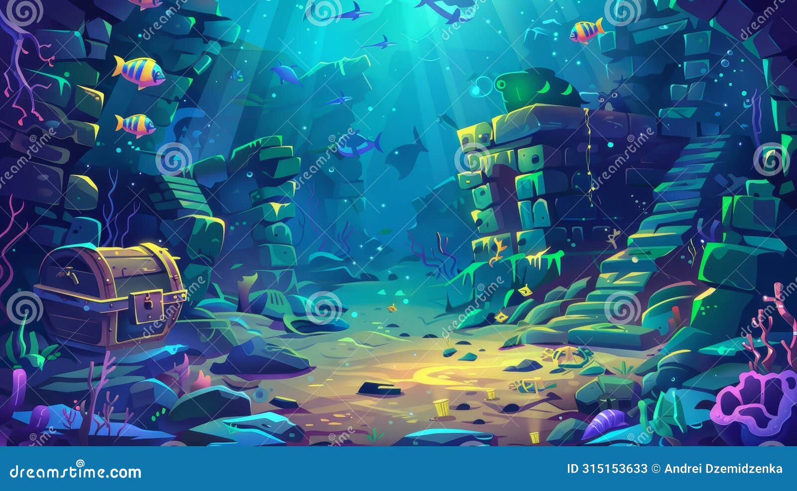a underwater background with fish, sunken ship, and wrecked ship. this is a modern cartoon of a deep seafloor with