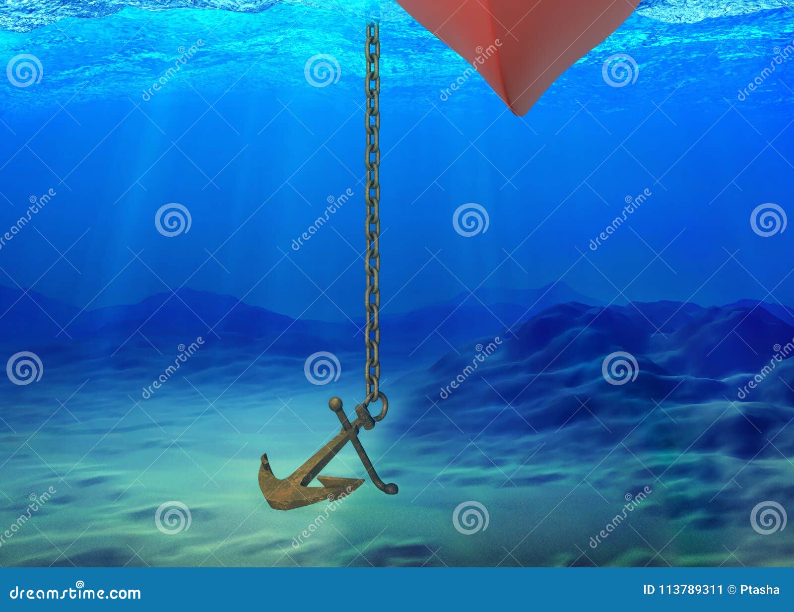 Underwater Background with the Ship and the Anchor Stock Illustration