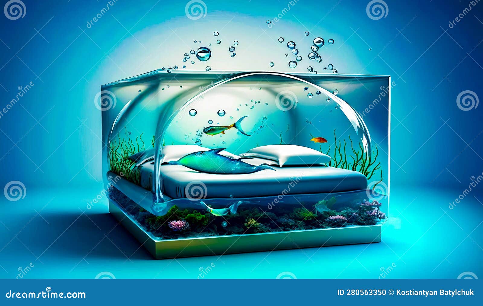 Underwater Bedroom with Bed and Fish Tank in the Middle of it
