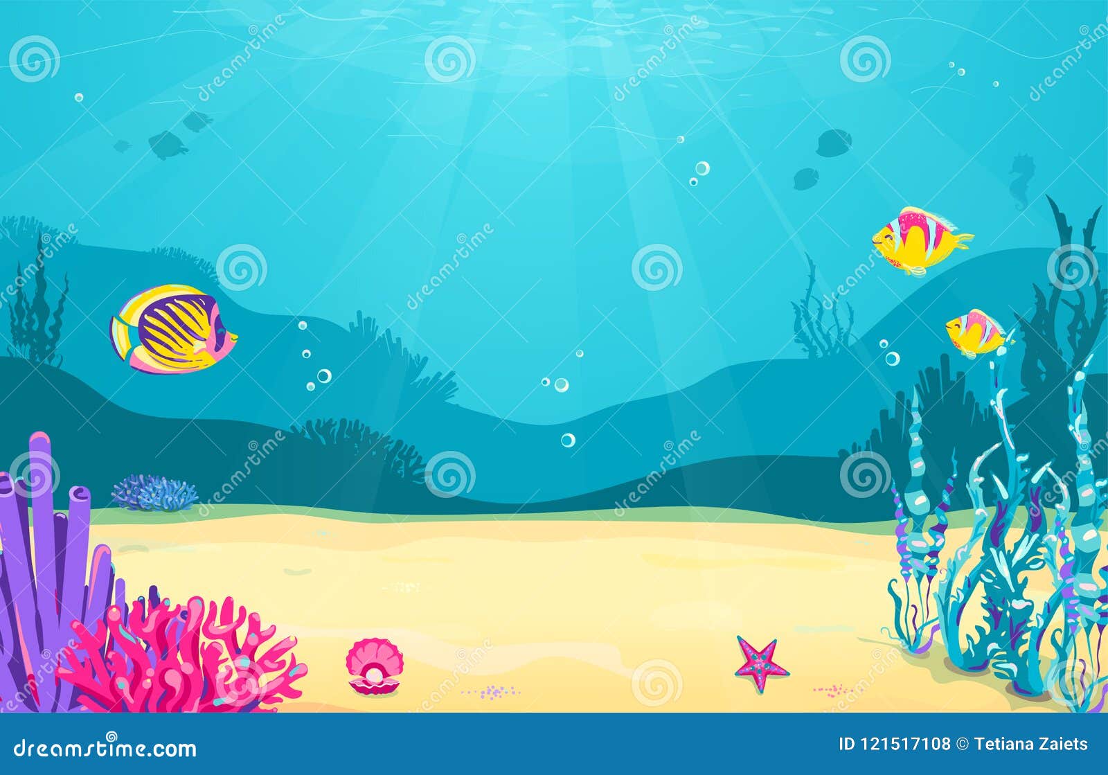 underwater cartoon background with fish, sand, seaweed, pearl, jellyfish, coral, starfish. ocean sea life, cute 