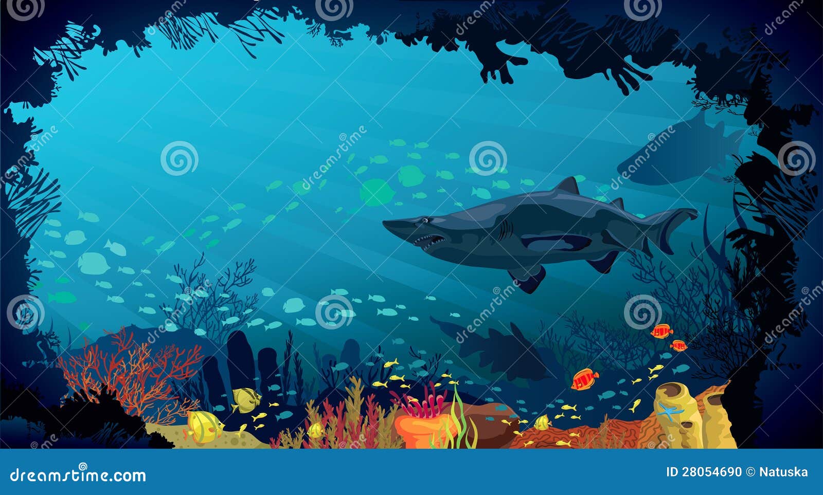Underwater Life - Coral Reef with Sharks and Fish Stock Illustration
