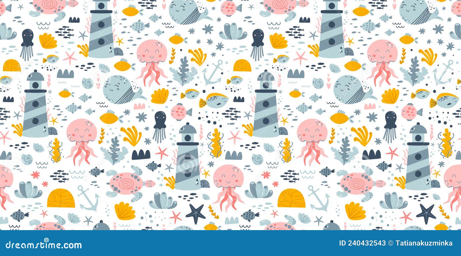 underwater life seamless pattern. sea life background. ocean, fish, whale, jellyfish, seaweed, seashells, lighthouse