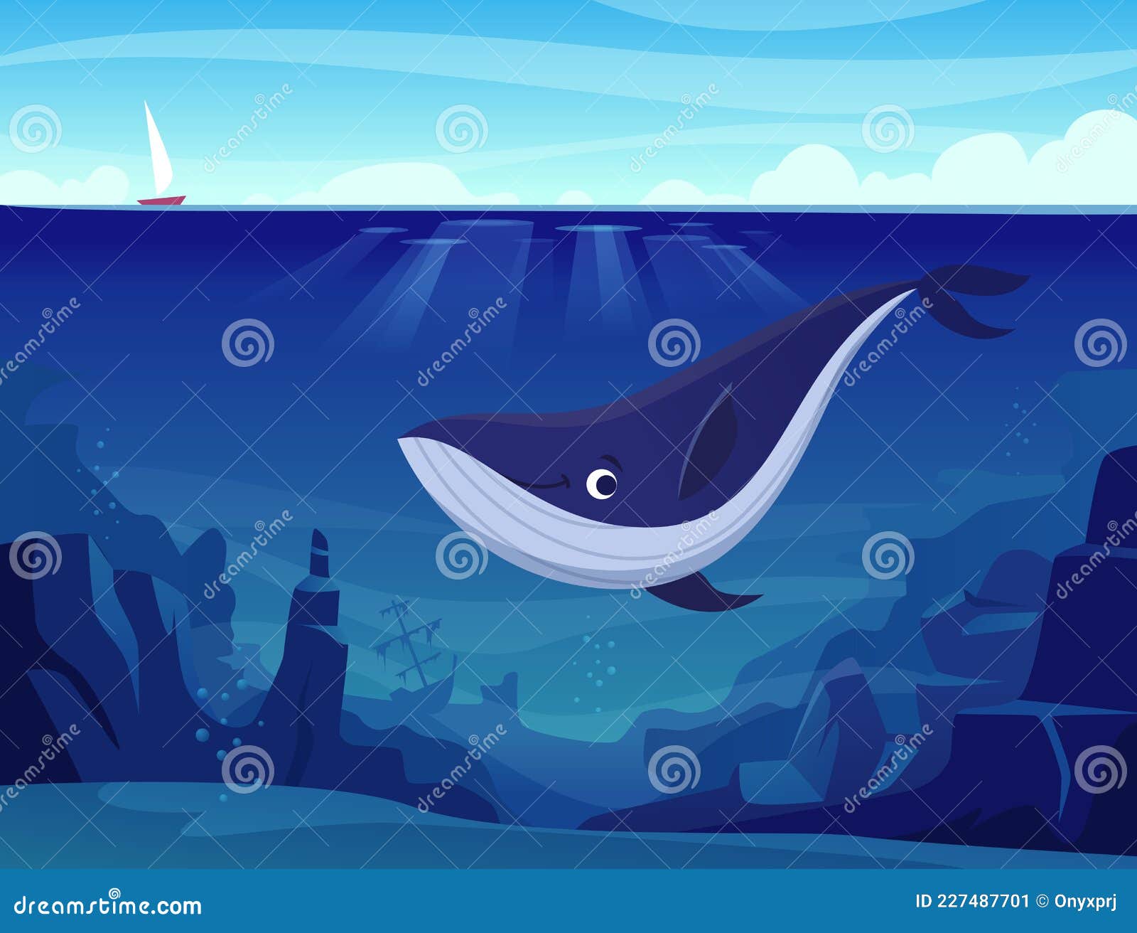 Underwater Life. Whales and Big Fishes in Ocean Deep Blue Sea Wild Swimming  Animals Exact Vector Cartoon Background Stock Vector - Illustration of  background, creature: 227487701