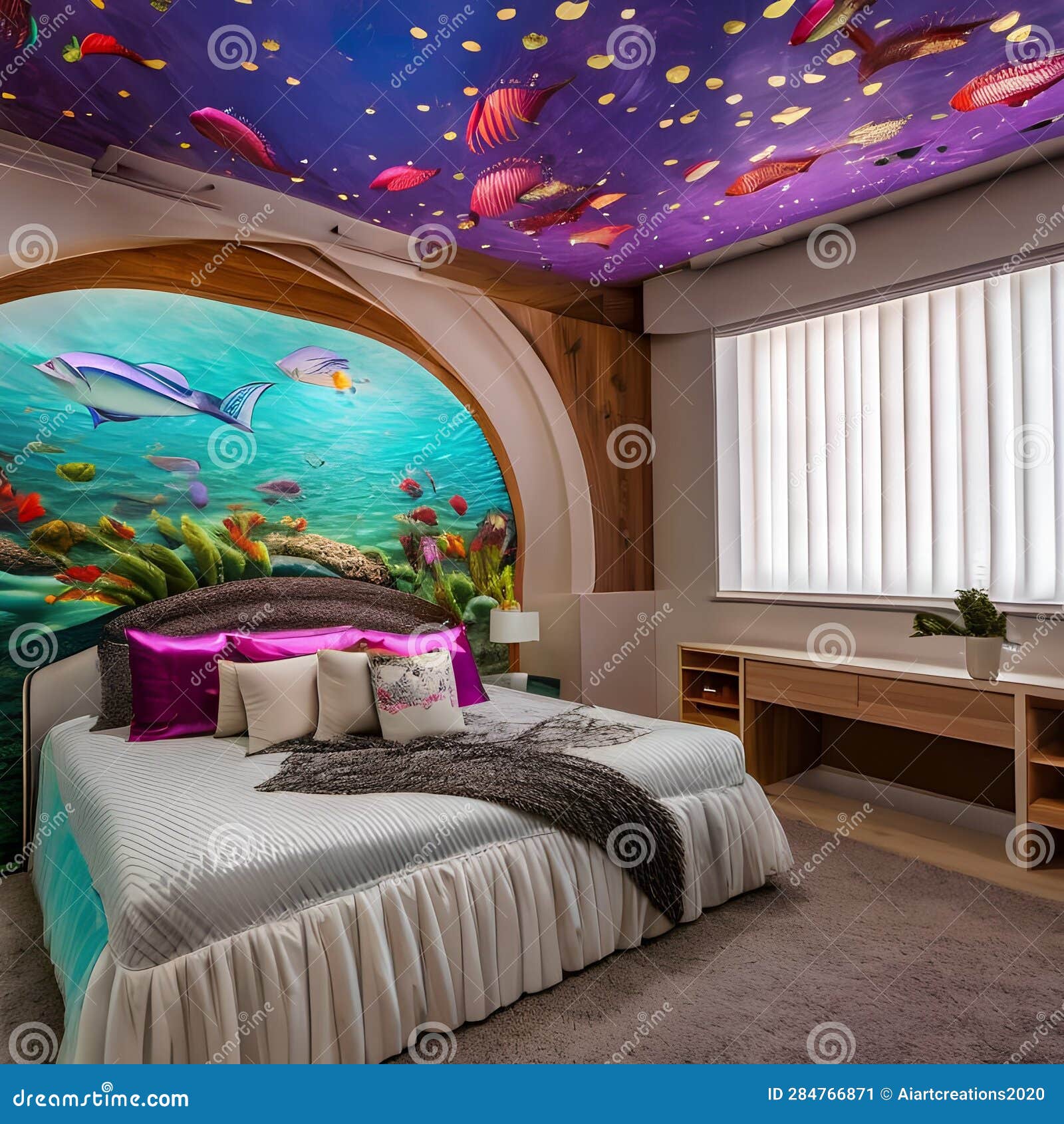 An Underwater Mermaid-themed Bedroom with Seashell-shaped Bed