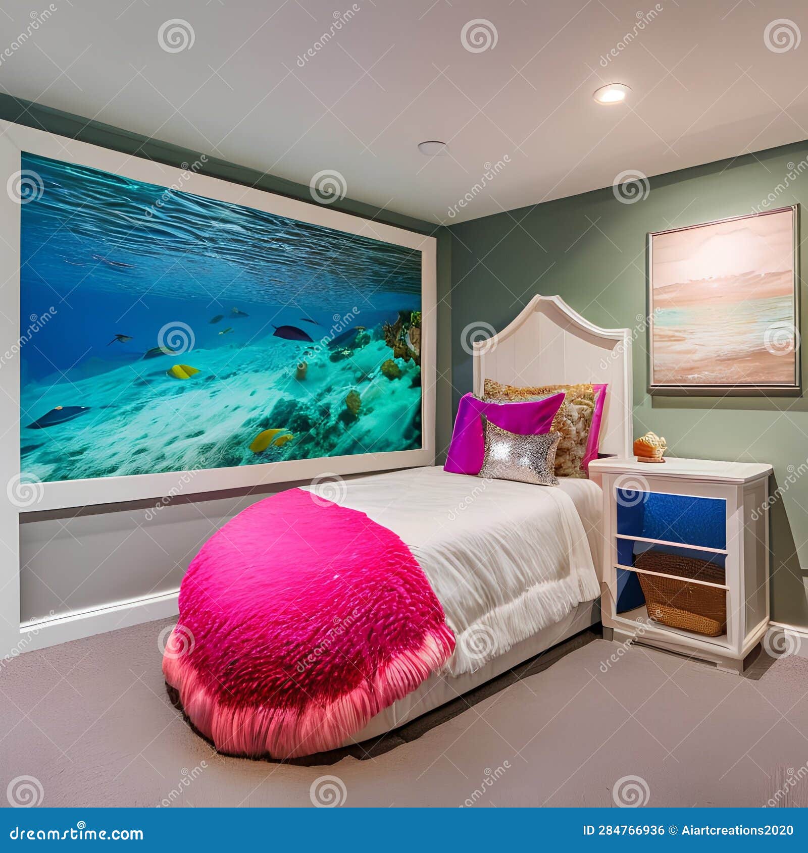 An Underwater Mermaid-themed Bedroom with Seashell-shaped Bed