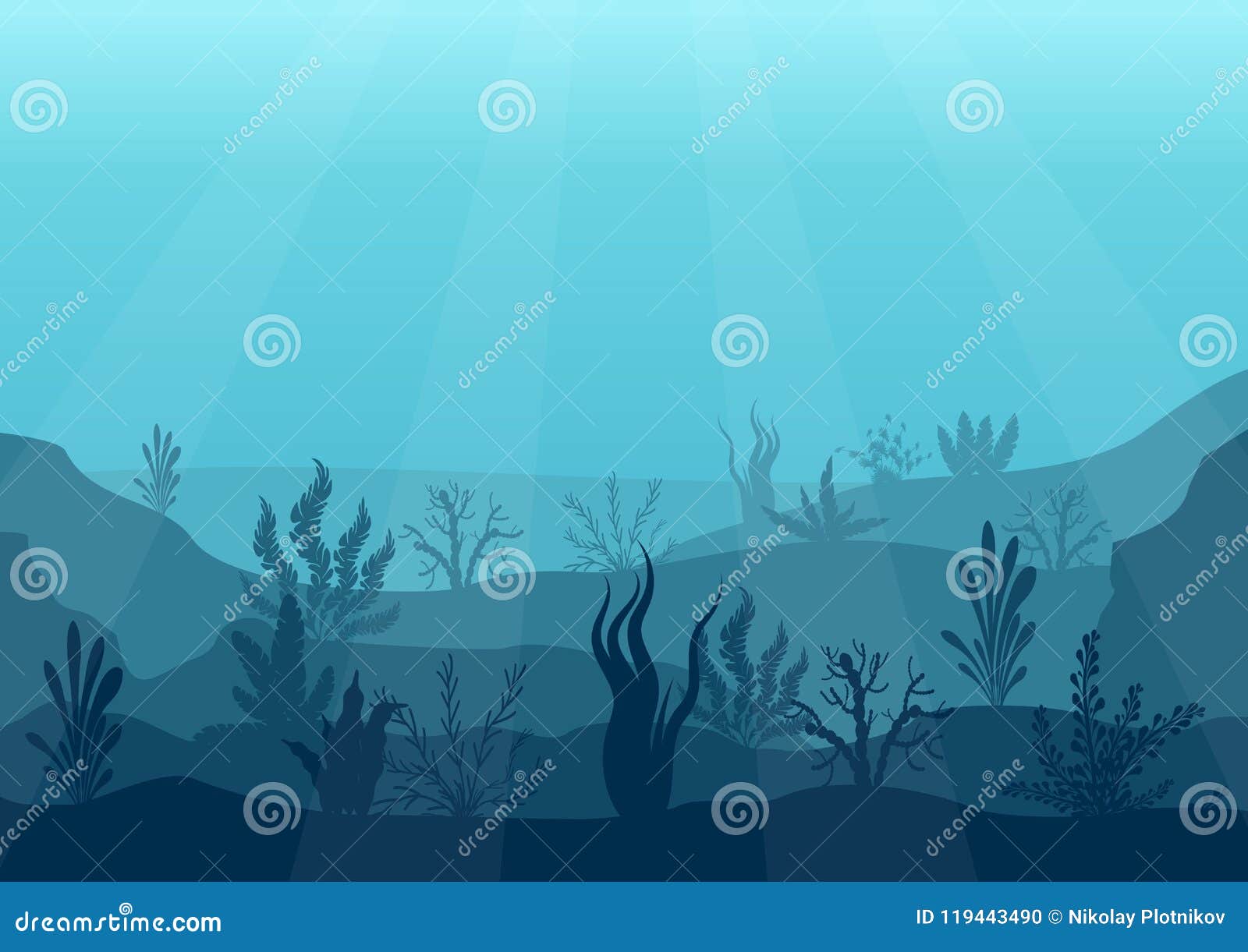 underwater ocean scene. deep blue water, coral reef and underwater plants. marine sea bottom silhouette with seaweed