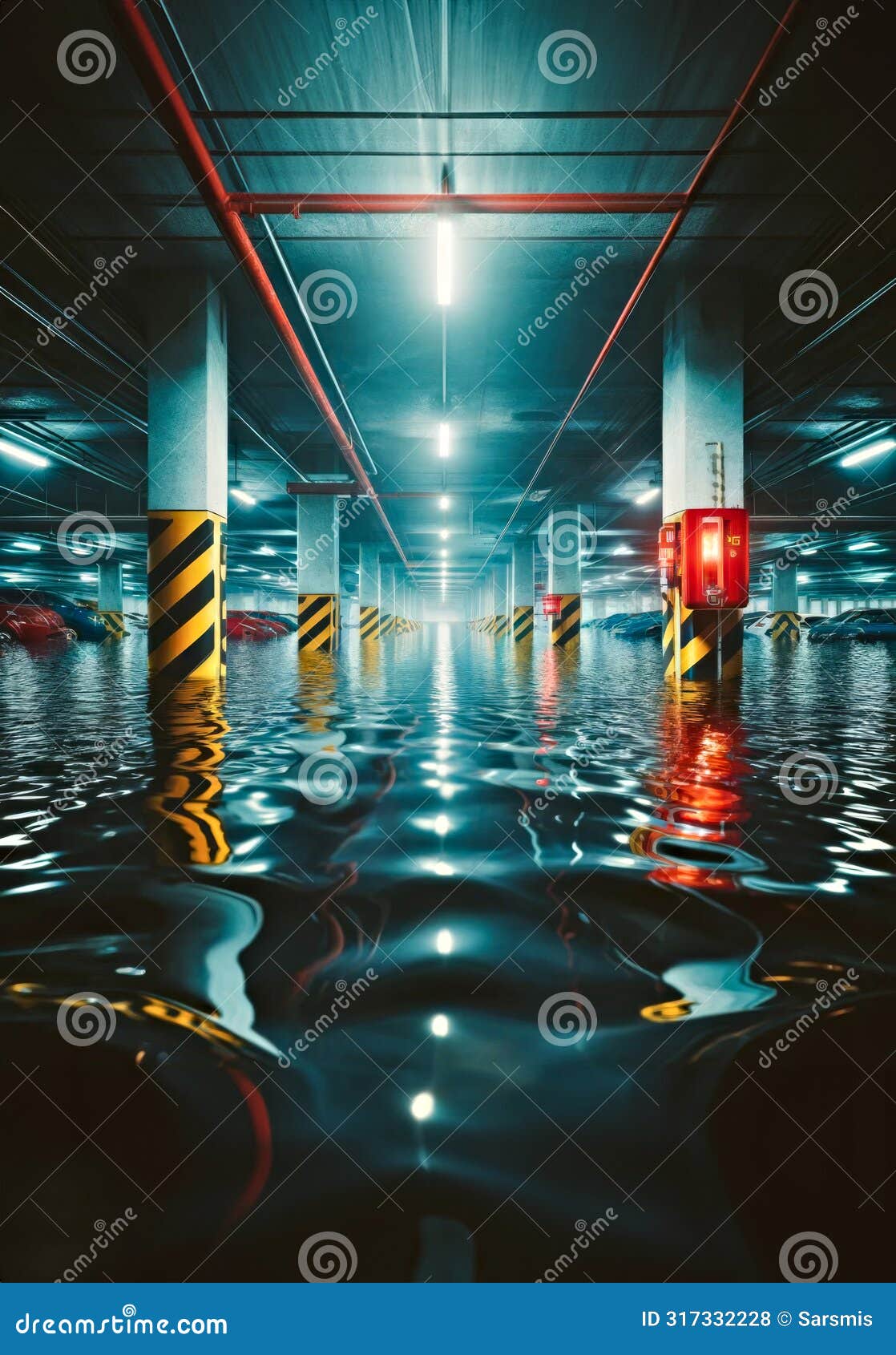 underwater parking lot. submerged cars in flooded parking. flood consequences. concept climat change