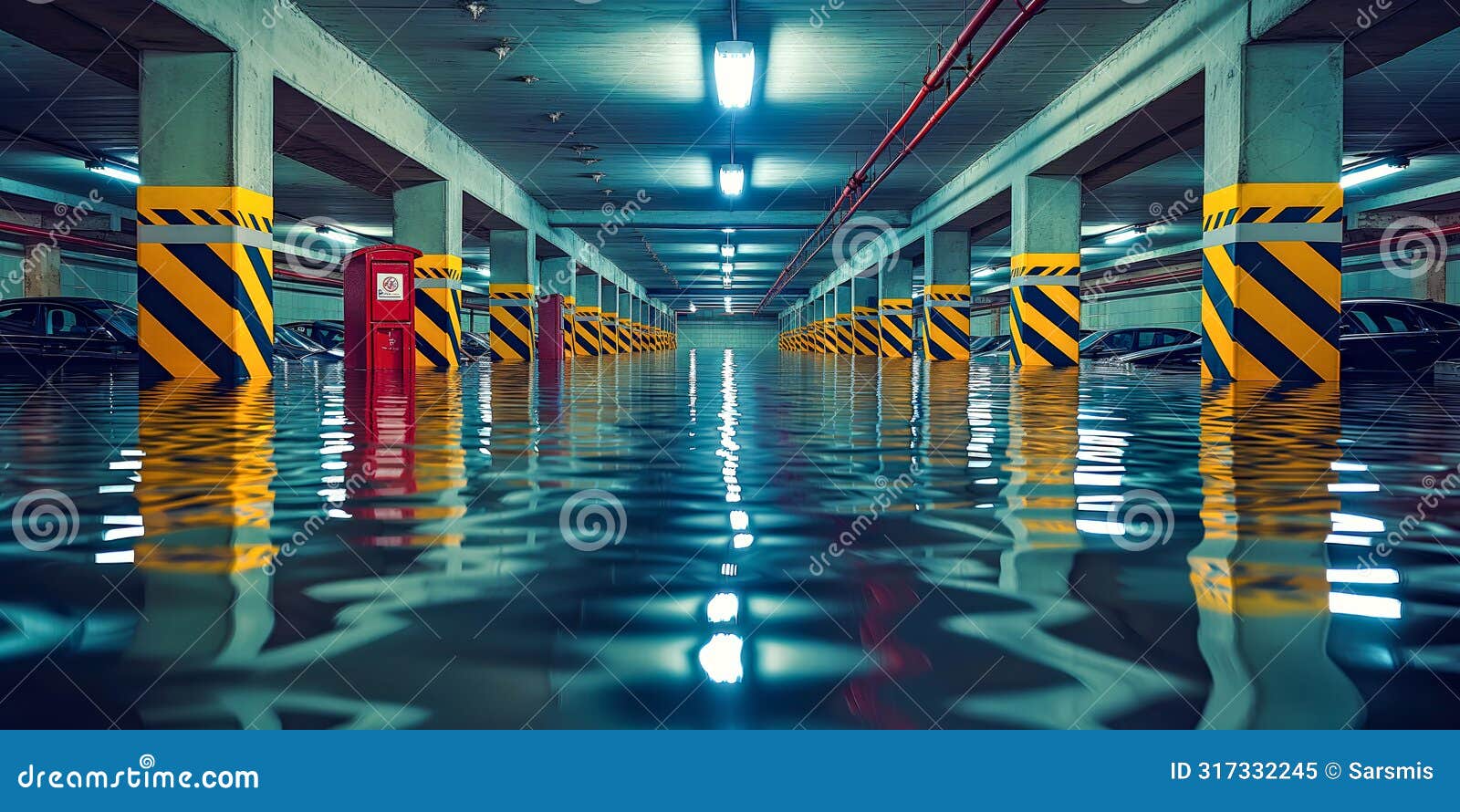 underwater parking lot. submerged cars in flooded parking. flood consequences. concept climat change