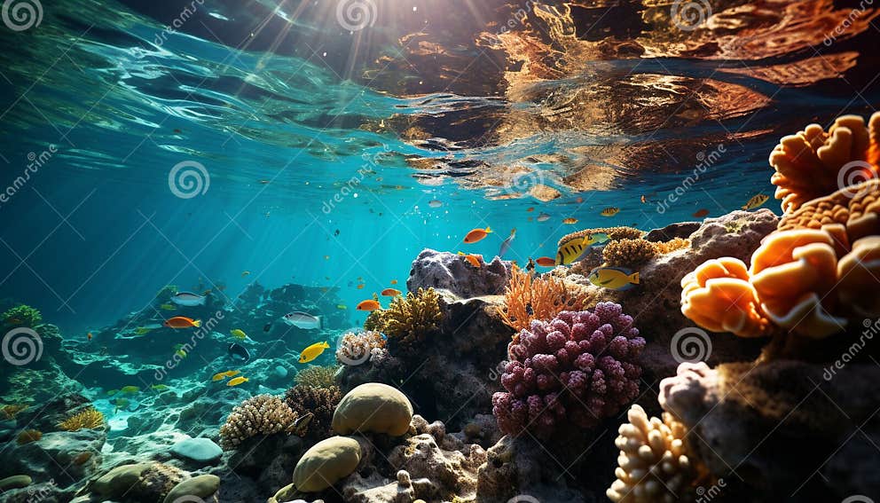 Underwater Reef, Fish Swim in Blue Tropical Climate Water Generated by ...