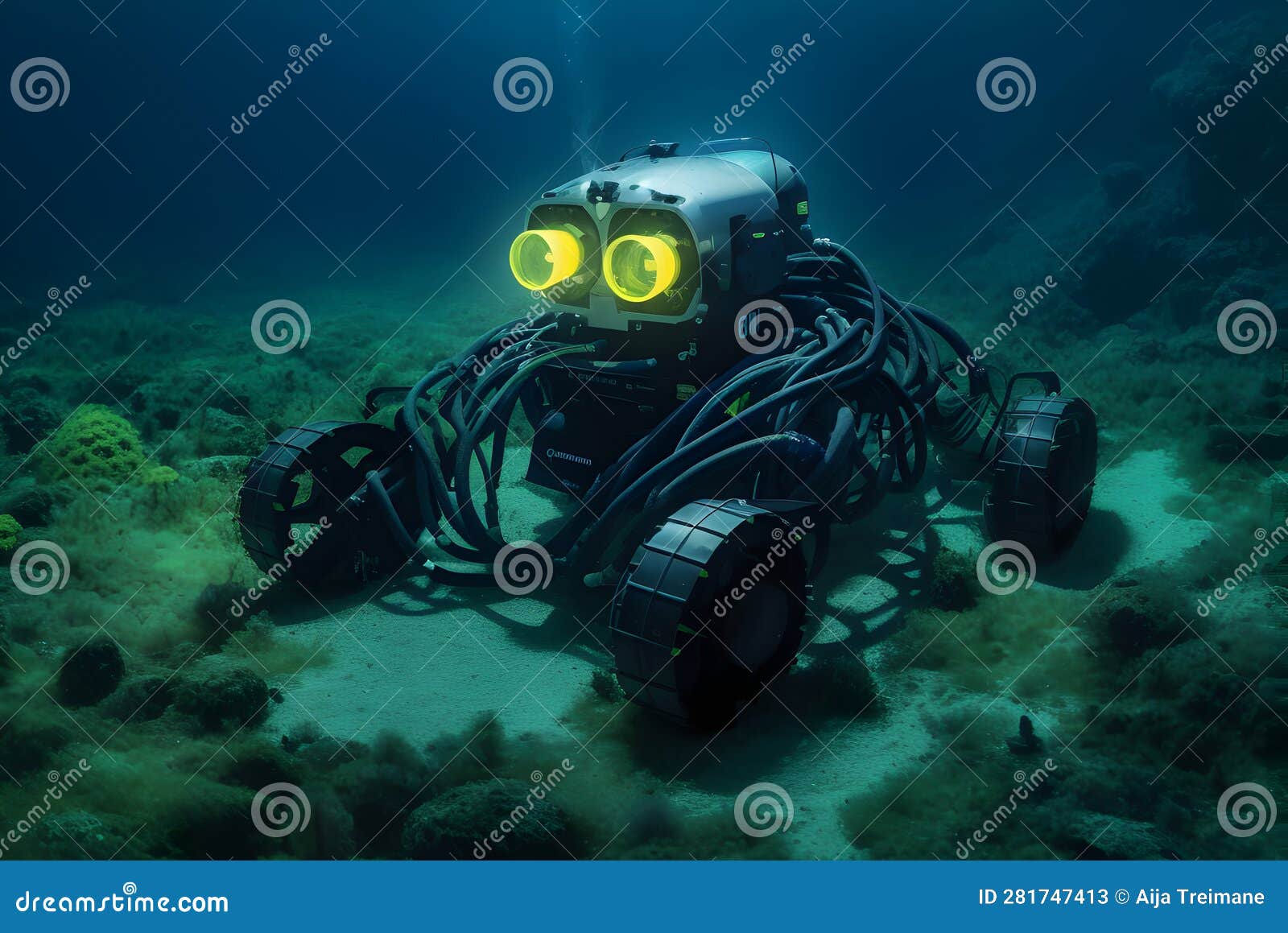 underwater robots with spotlight eyes on the bottom of the ocean depths on sand and underwater plants.