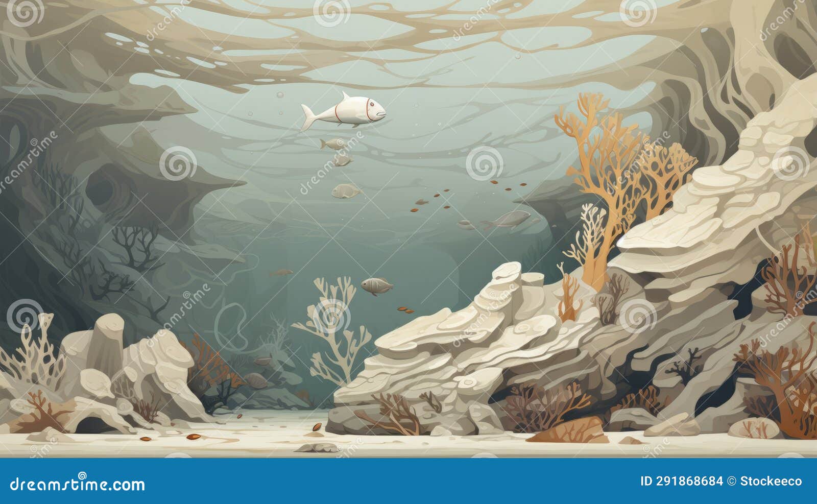 underwater scene with fish and corals: detailed  in neoclassical style