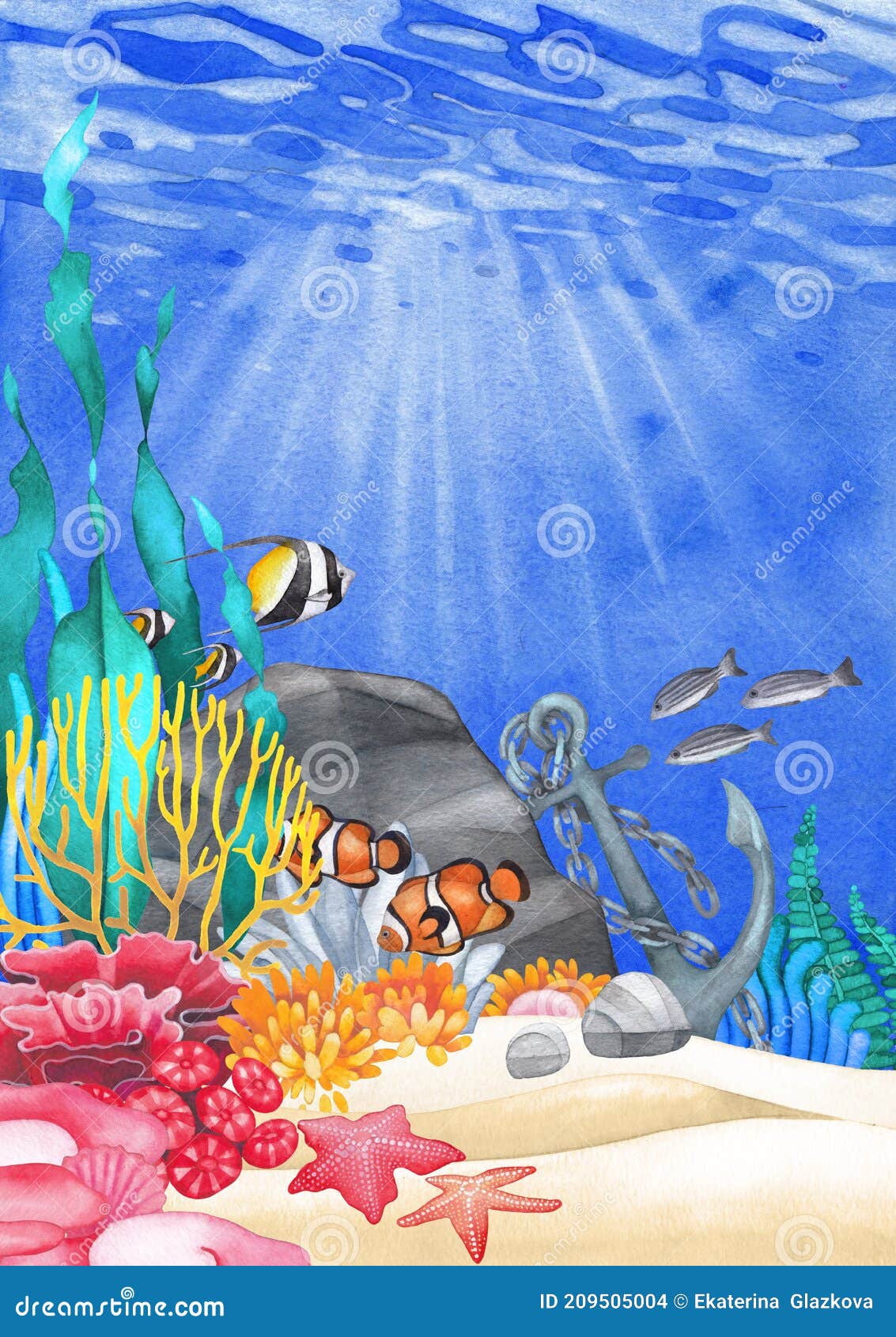 Underwater Scene with Hand Painted Watercolor Coral Reef Stock