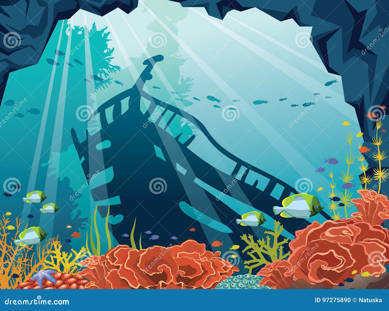 Underwater Sea Sunken Ship Corals Fish Stock