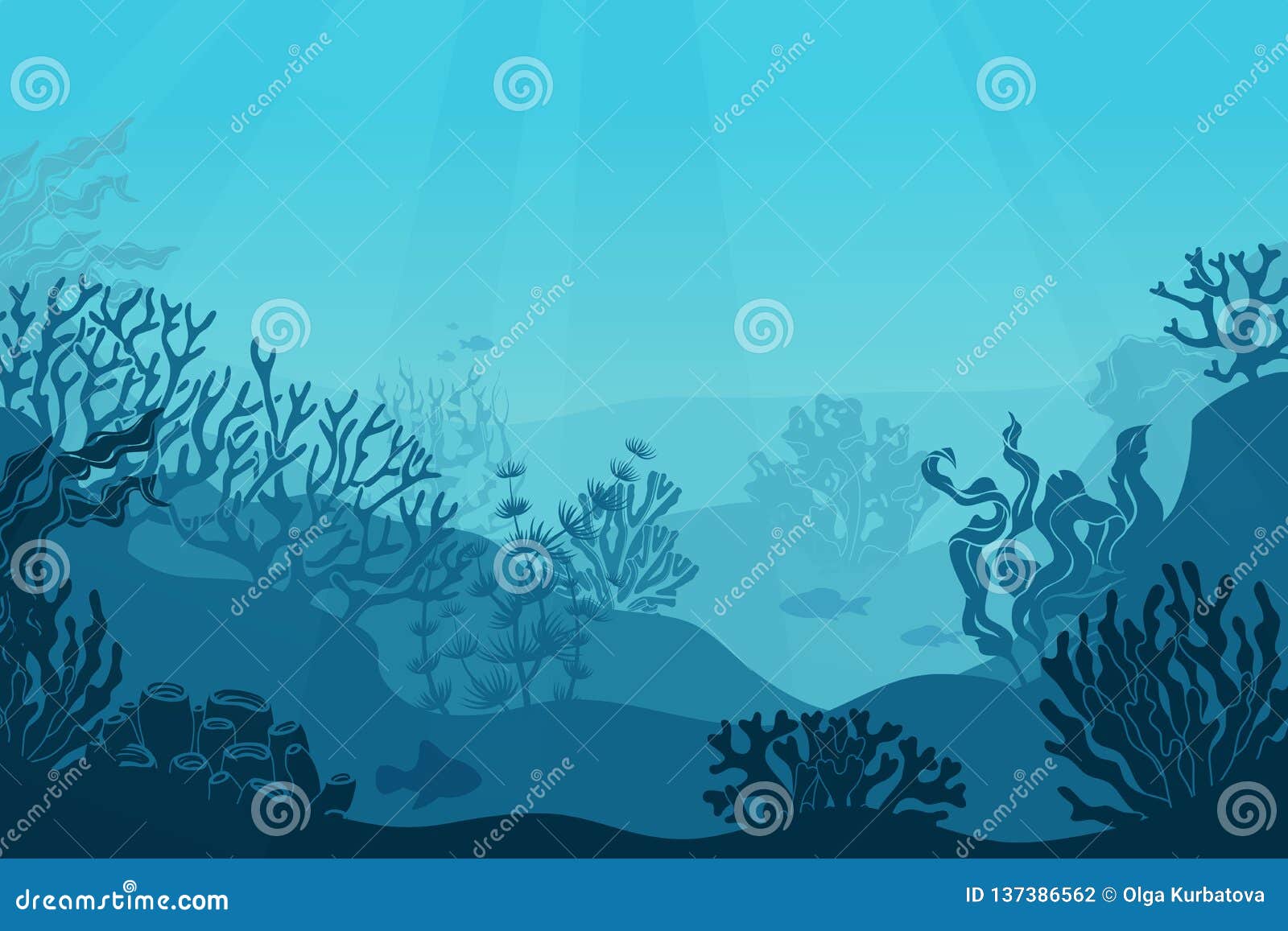 underwater seascape. seafloor, undersea with seaweed. dark saltwater with corals silhouettes. ocean reef bottom
