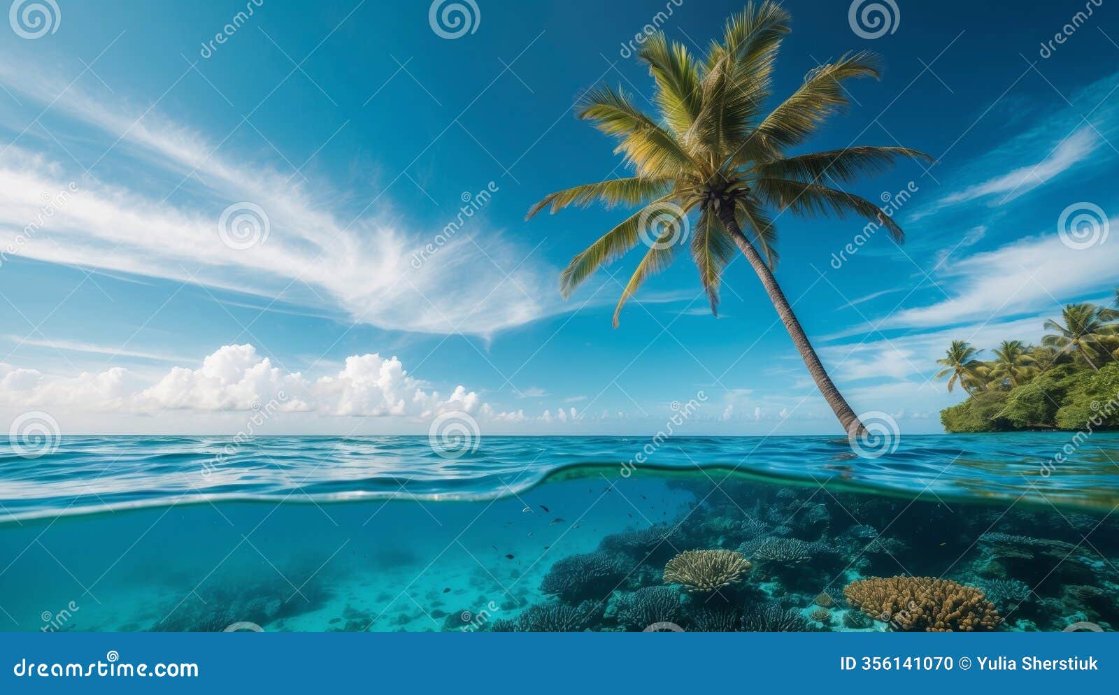 underwater split shot captures a palm tree above and coral reef below with vibrant sky in tropical location