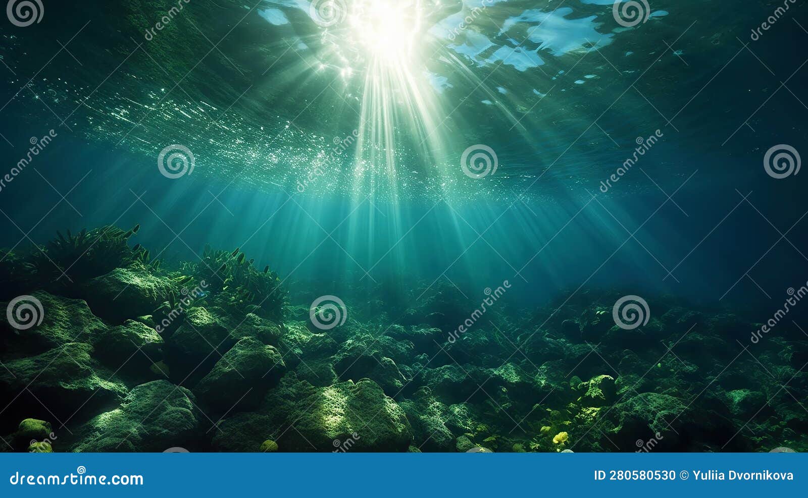 Underwater Sunlight through the Water Surface Seen from a Rocky Seabed