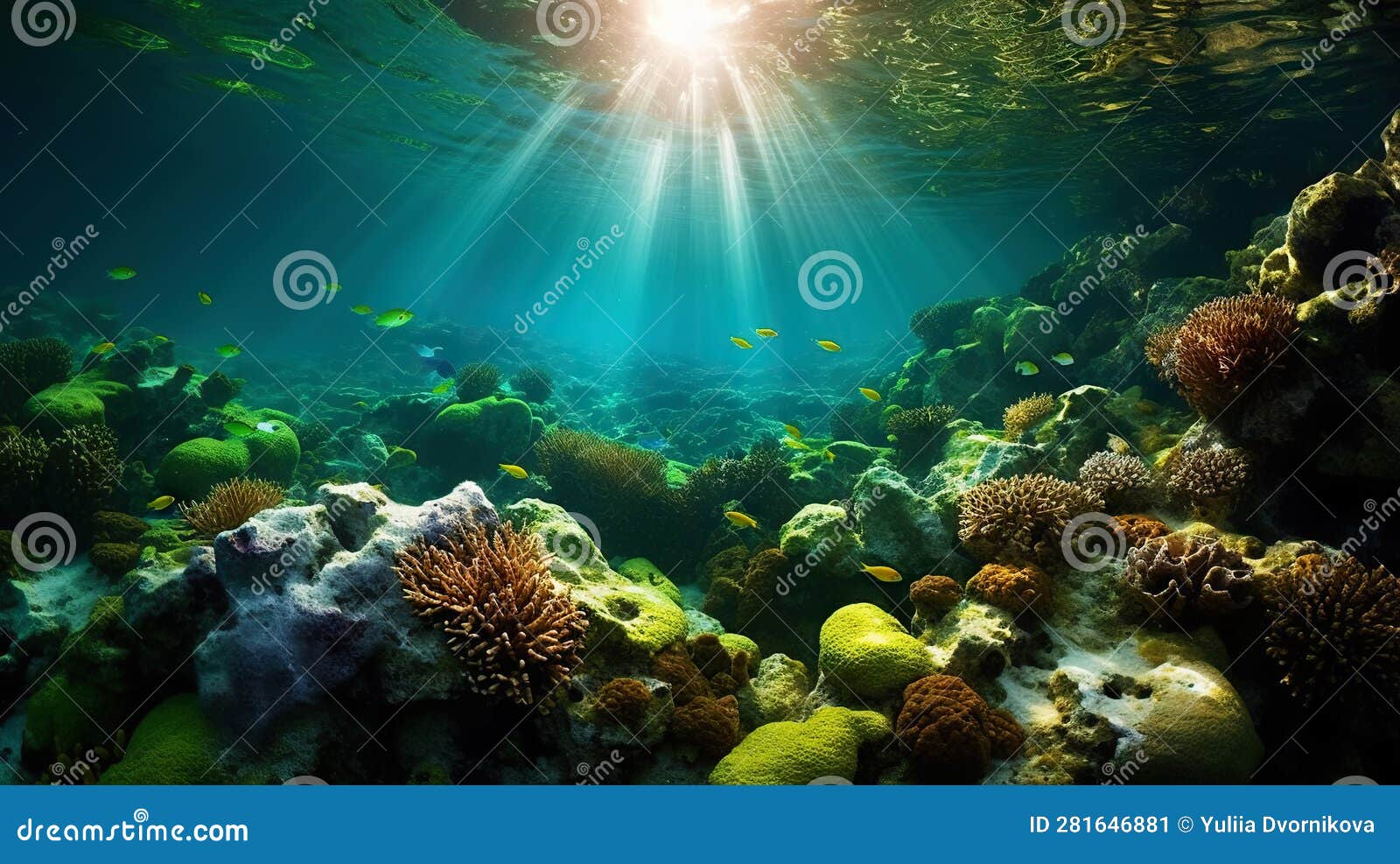 Underwater Sunlight through the Water Surface Seen from a Rocky Seabed