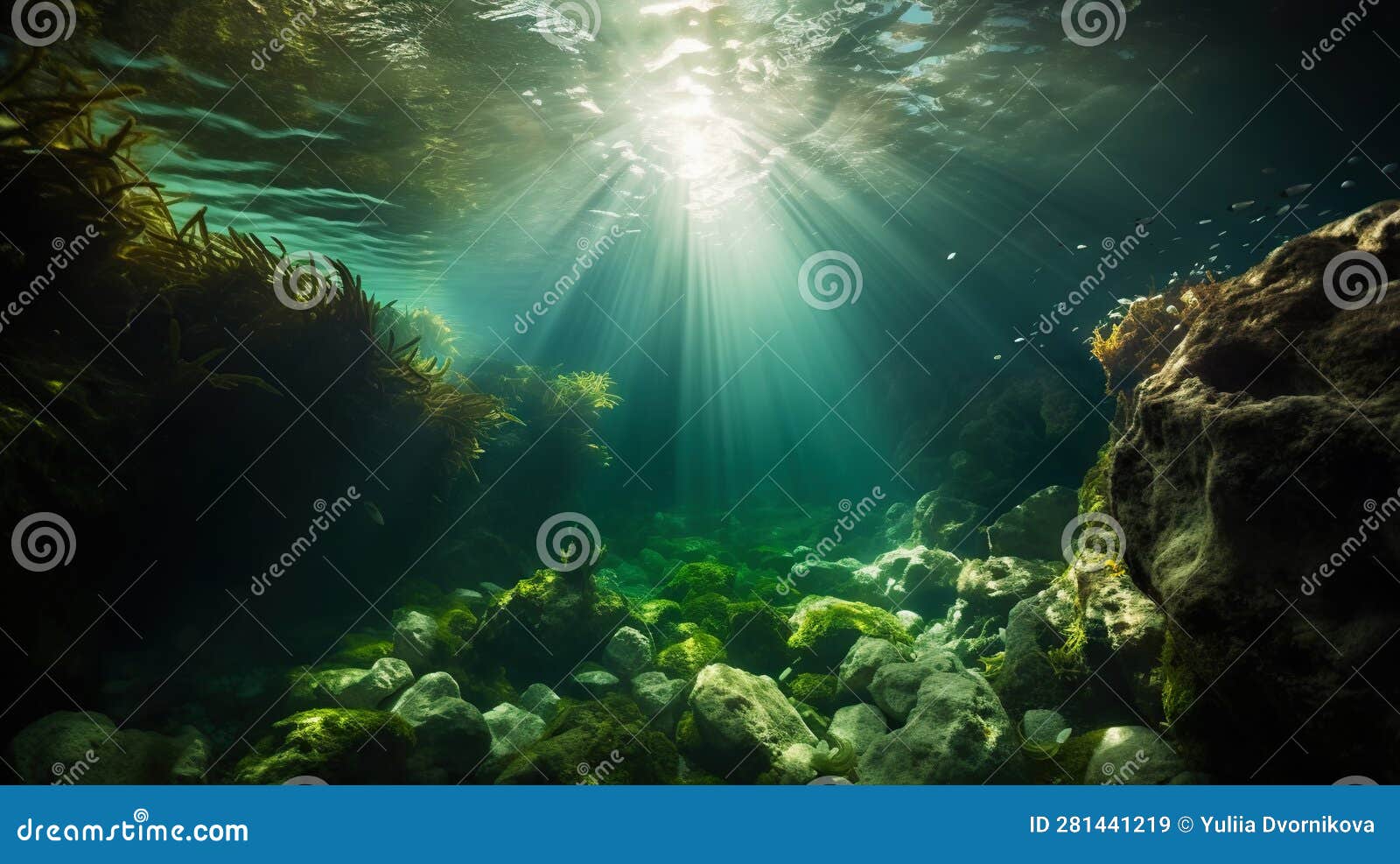 Underwater Sunlight through the Water Surface Seen from a Rocky Seabed