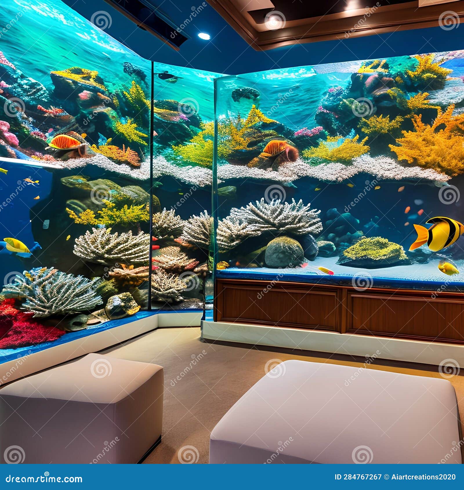 An Underwater-themed Aquarium Room with Floor-to-ceiling Fish Tanks, Coral  Decor, and a Marine Life Mural1, Generative AI Stock Illustration -  Illustration of wine, coral: 284767267