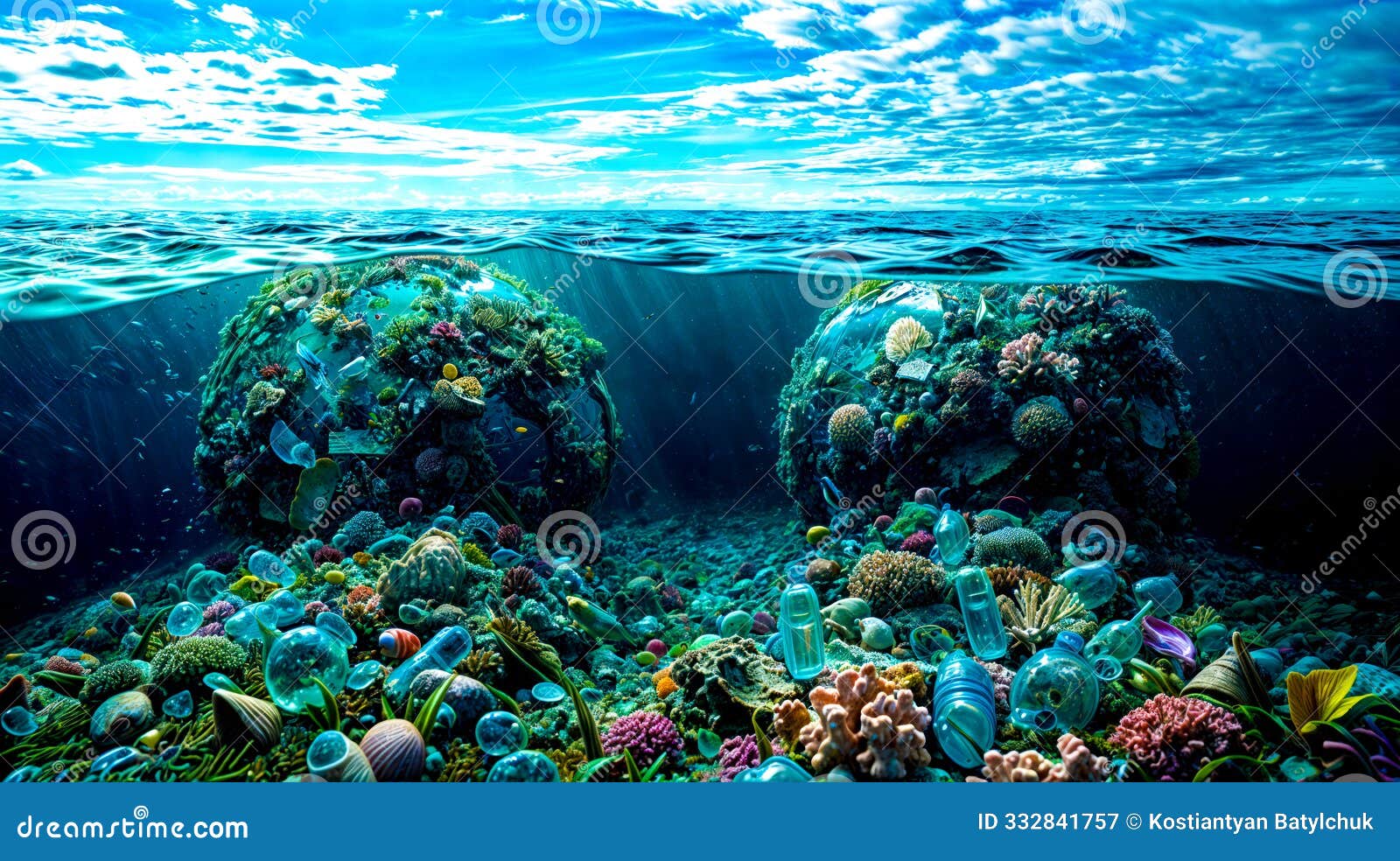 underwater view of coral reef with two large balls of corals in the foreground. ai.