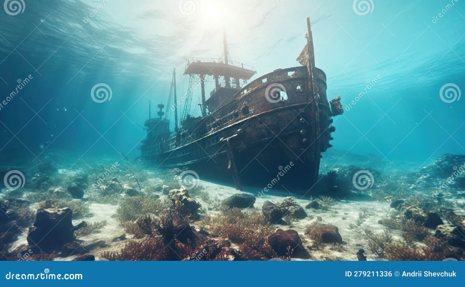 Underwater View of a Sunken Ship in the Caribbean Sea. Generative AI Stock Illustration