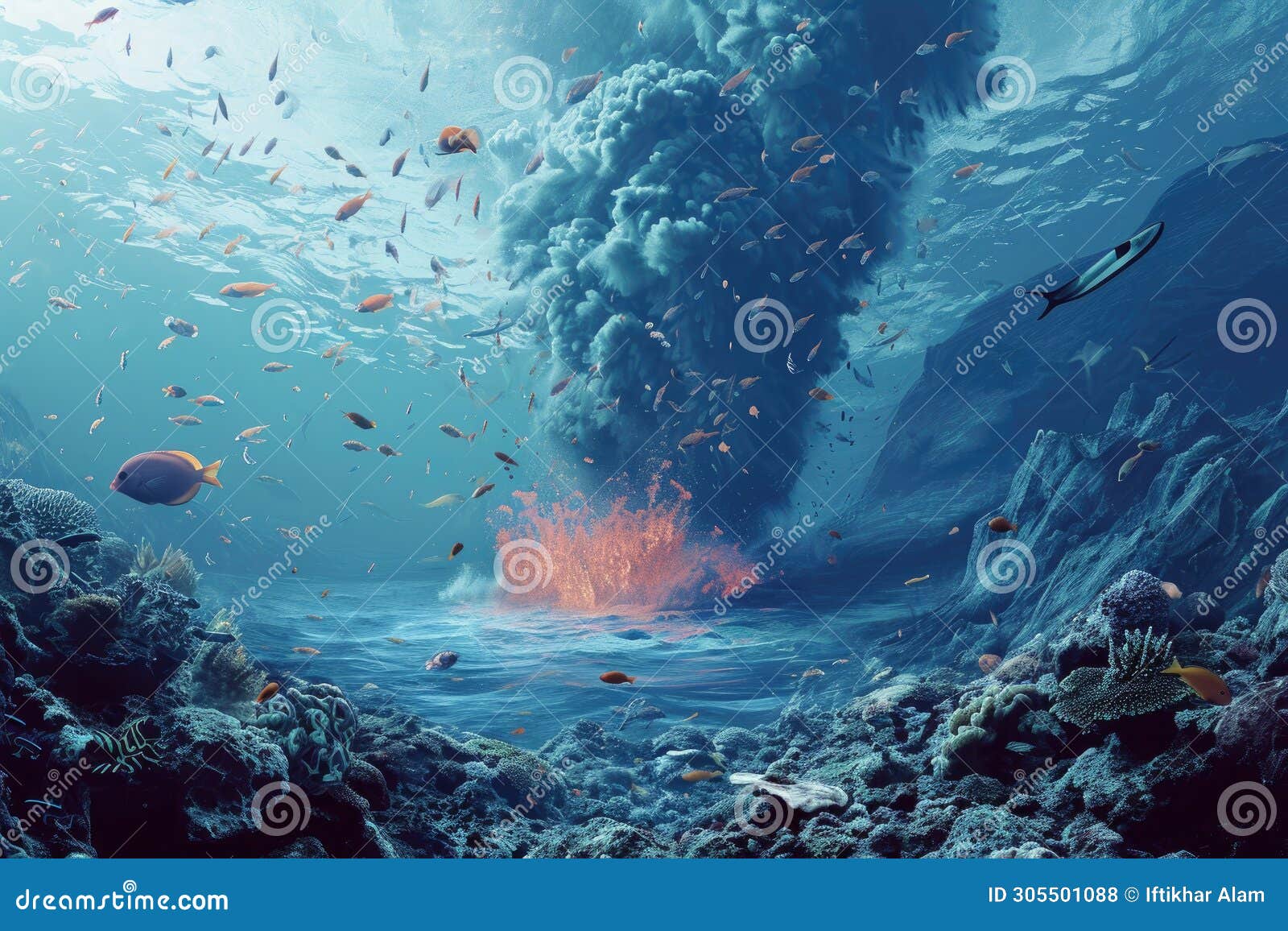 Underwater View of a Volcano Erupting and Spewing Lava into the Ocean, an Undersea Volcanic
