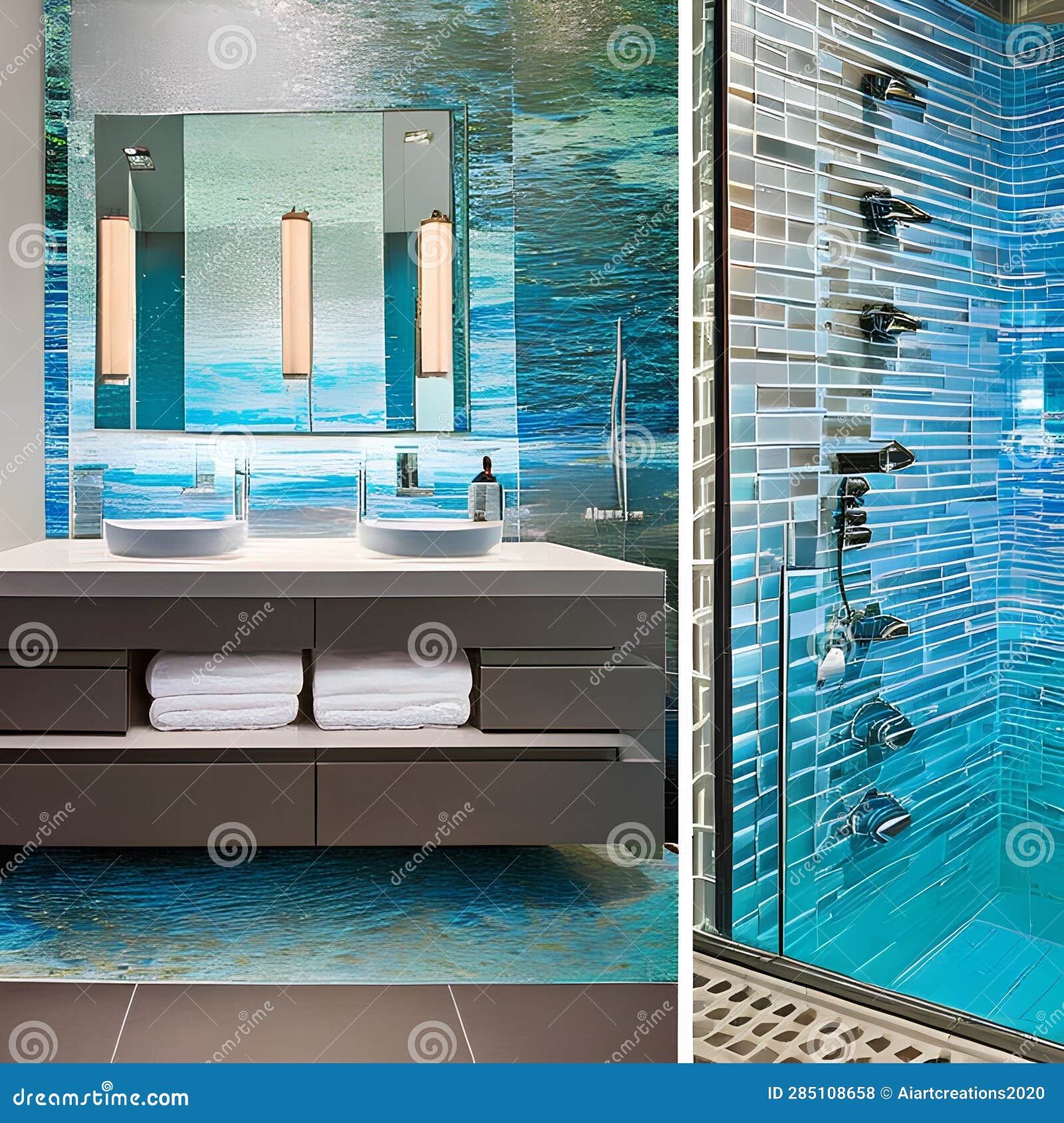 4 Underwater Wonder: an Aquatic-themed Bathroom with Iridescent Tiles  that Mimic the Oceans Shimmer the Shower Has a Waterfall Stock Photo -  Image of scattered, shower: 285108658