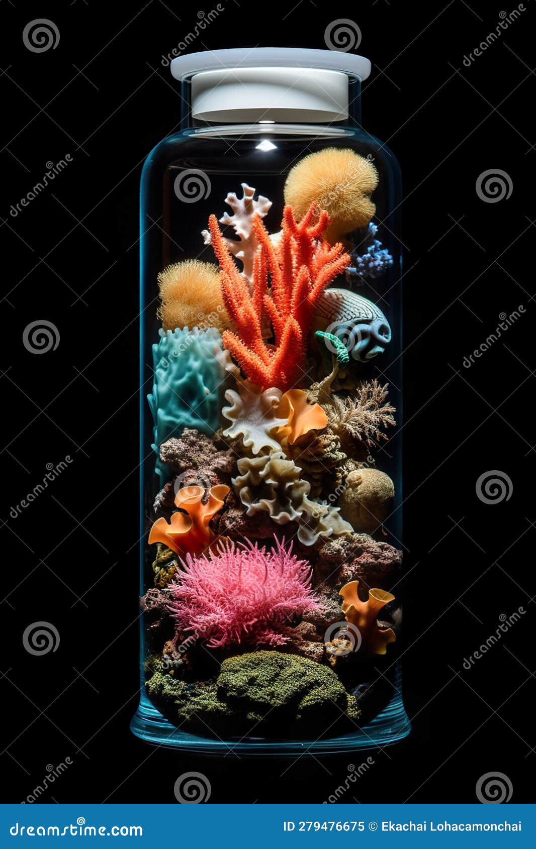 underwater wonders: corals and fish captured in a bottle against a black background. created with generative ai