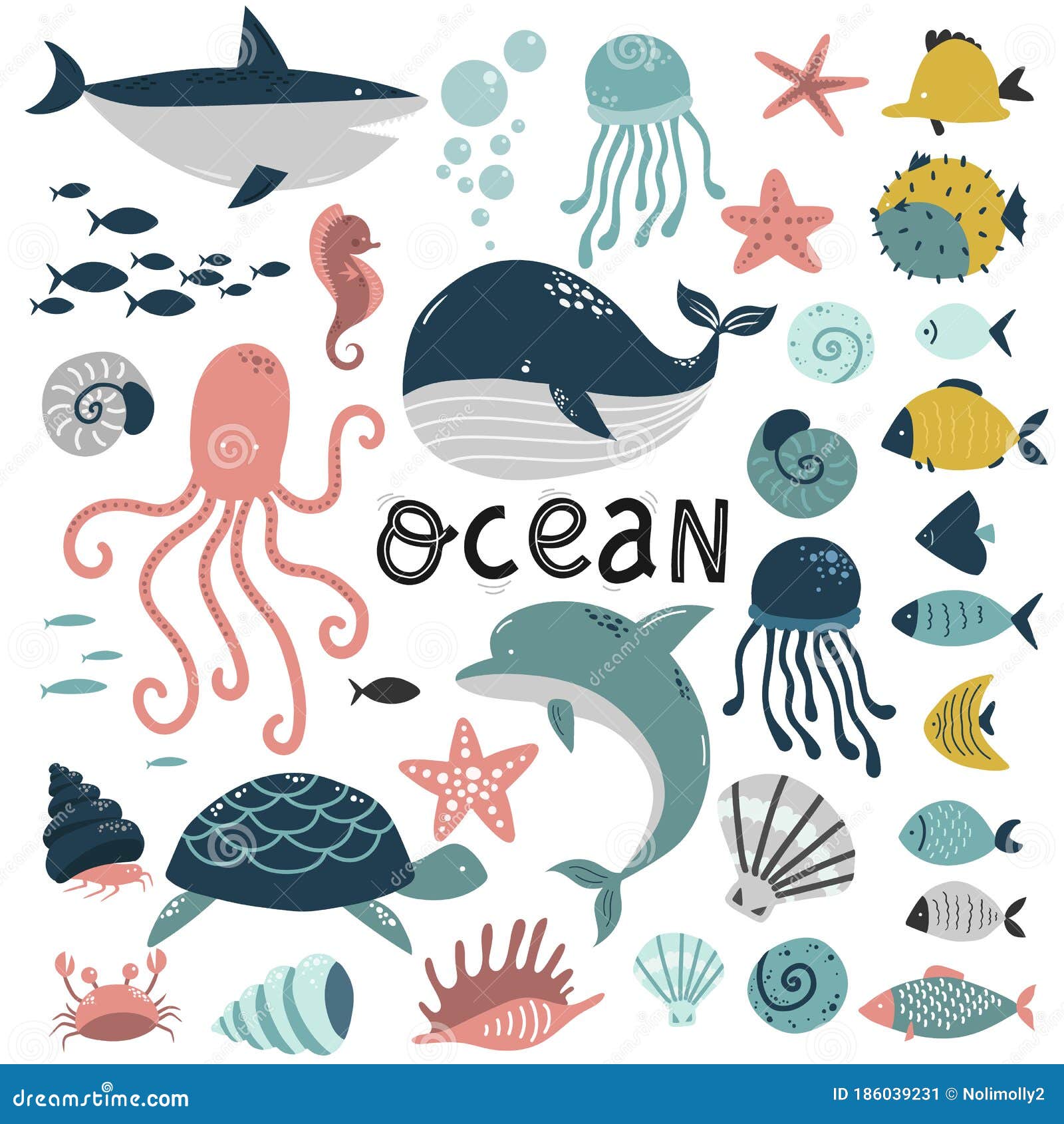 Underwater World Elements Set, Sea Ocean, Cute Animals Jellyfish and Fish,  Blue Whale and Shark, Vector Illustration Stock Vector - Illustration of  template, underwater: 186039231