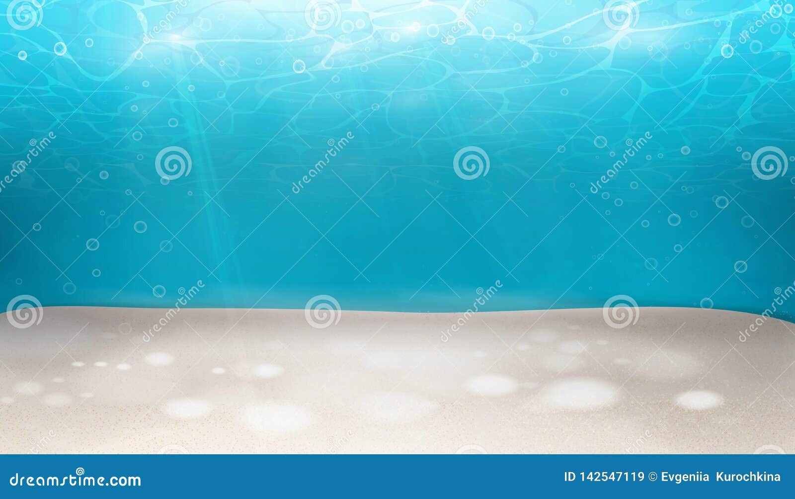 underwater world nature scene background. ocean and sea bottom life with blue water, wave lights, bubbles of air, rays