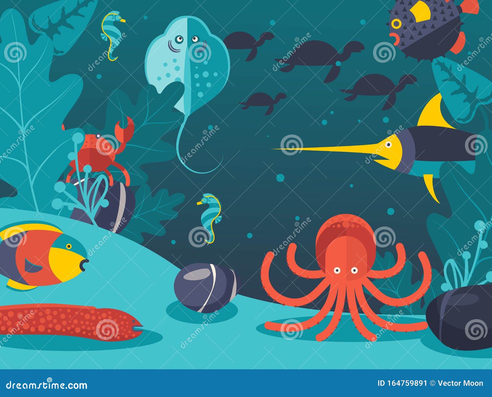 Underwater World Vector Illustration. Sea Creatures in Flat Style, Life at Ocean Bottom Stock Vector - Illustration of background, poster: 164759891 Underwater World Vector Illustration. Sea Creatures in Flat Style, Life at Ocean Bottom Stock Vector - Illustration of background, poster: 164759891