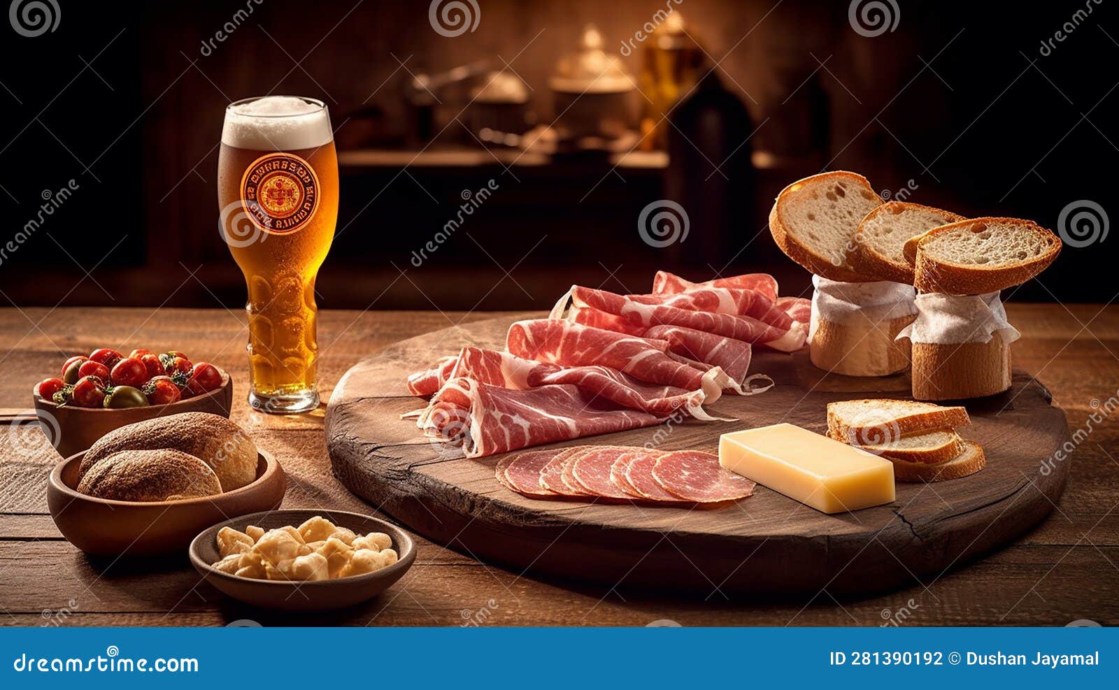 une biÃ¨re savoureuse avec un plateau de charcuterie et de fromages.generative ai