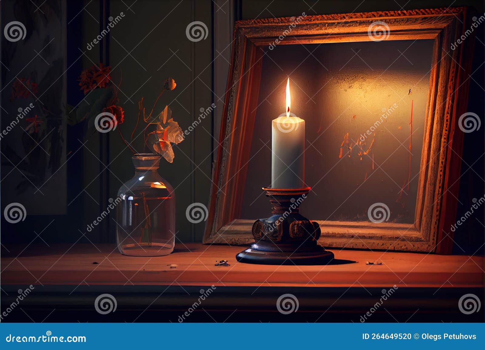 Une Lampe Avec Une Bougie Est Posée Sur Une Table Avec Une Bougie Allumée  En Arrière-plan.