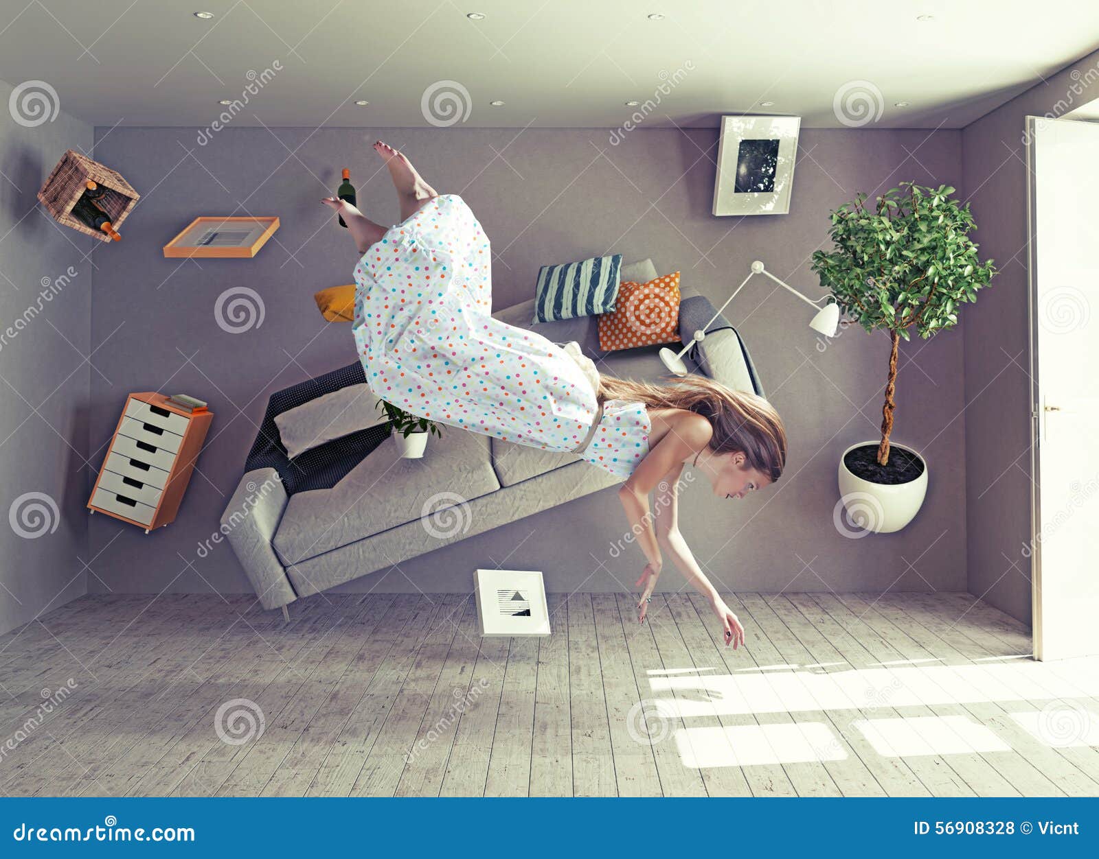 Ma Fille Voit Une Dame Dans Sa Chambre Une Dame Vole Dans La Chambre De L'apesanteur Photo stock - Image du