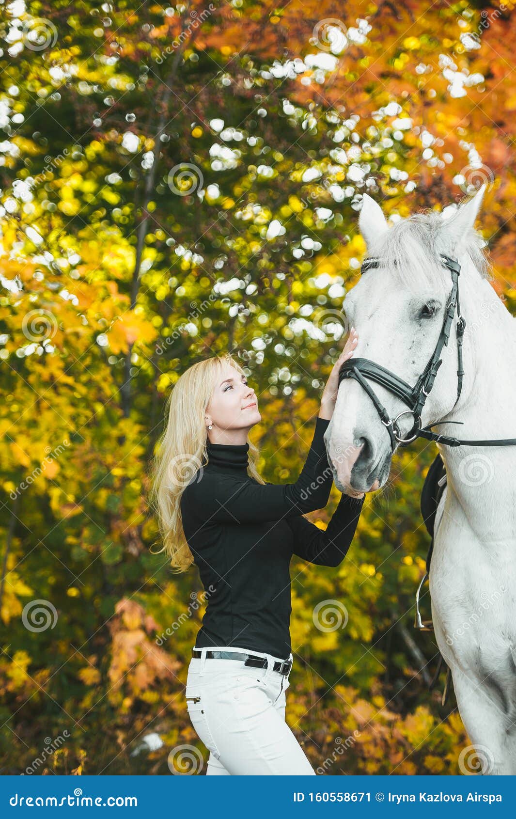 Une Fille Avec Un Cheval Dans La Nature, Une Promenade D'automne