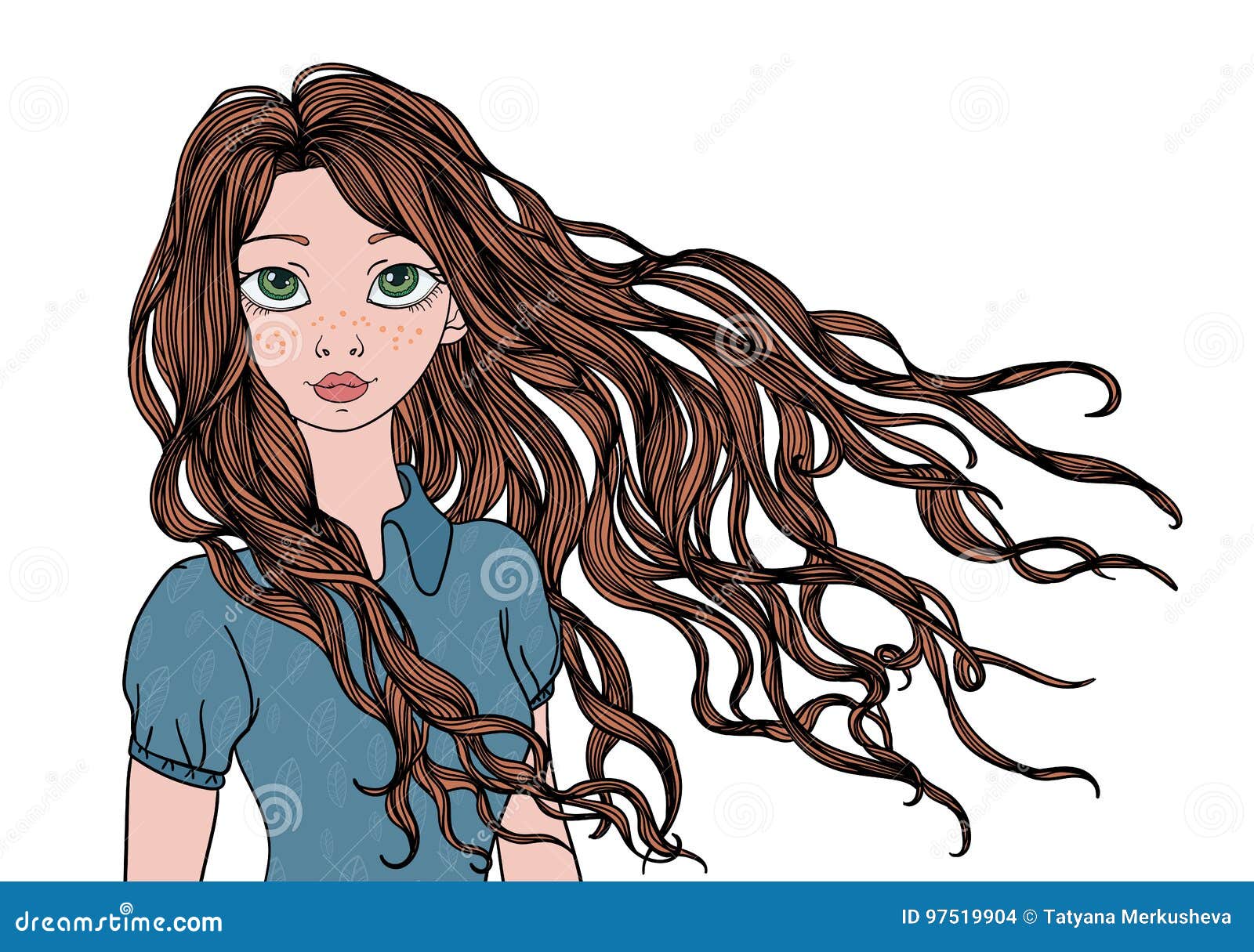 Une jeune fille avec onduler longtemps dans les cheveux de vent