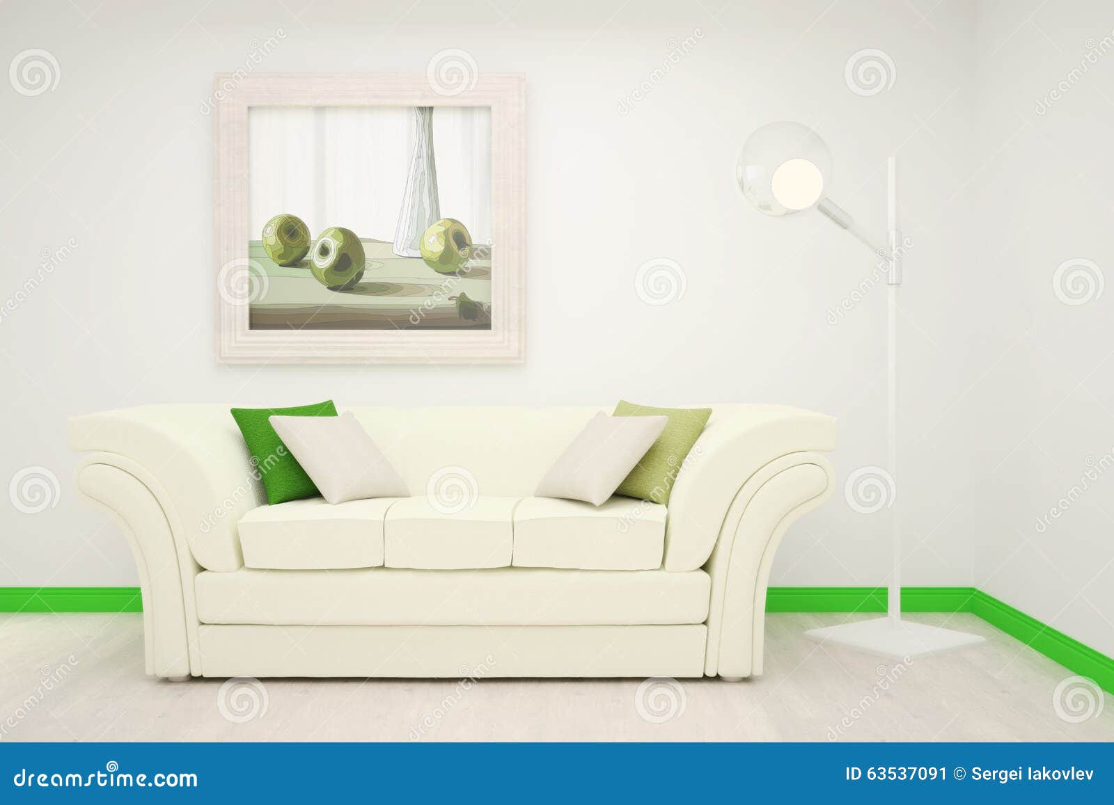 Sofa blanc moderne avec le mur et le rideau verts dans le salon ...