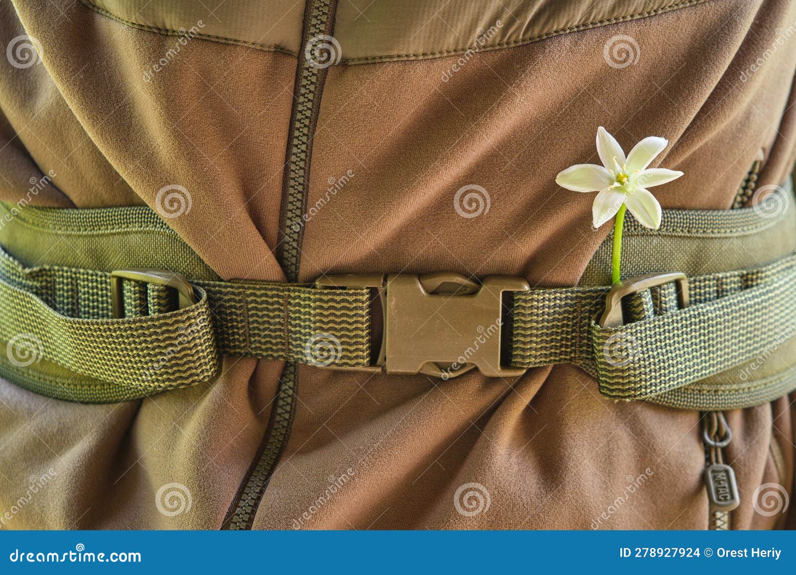 Une Petite Fleur Blanche Est Cachée Derrière Le Système De Molle D