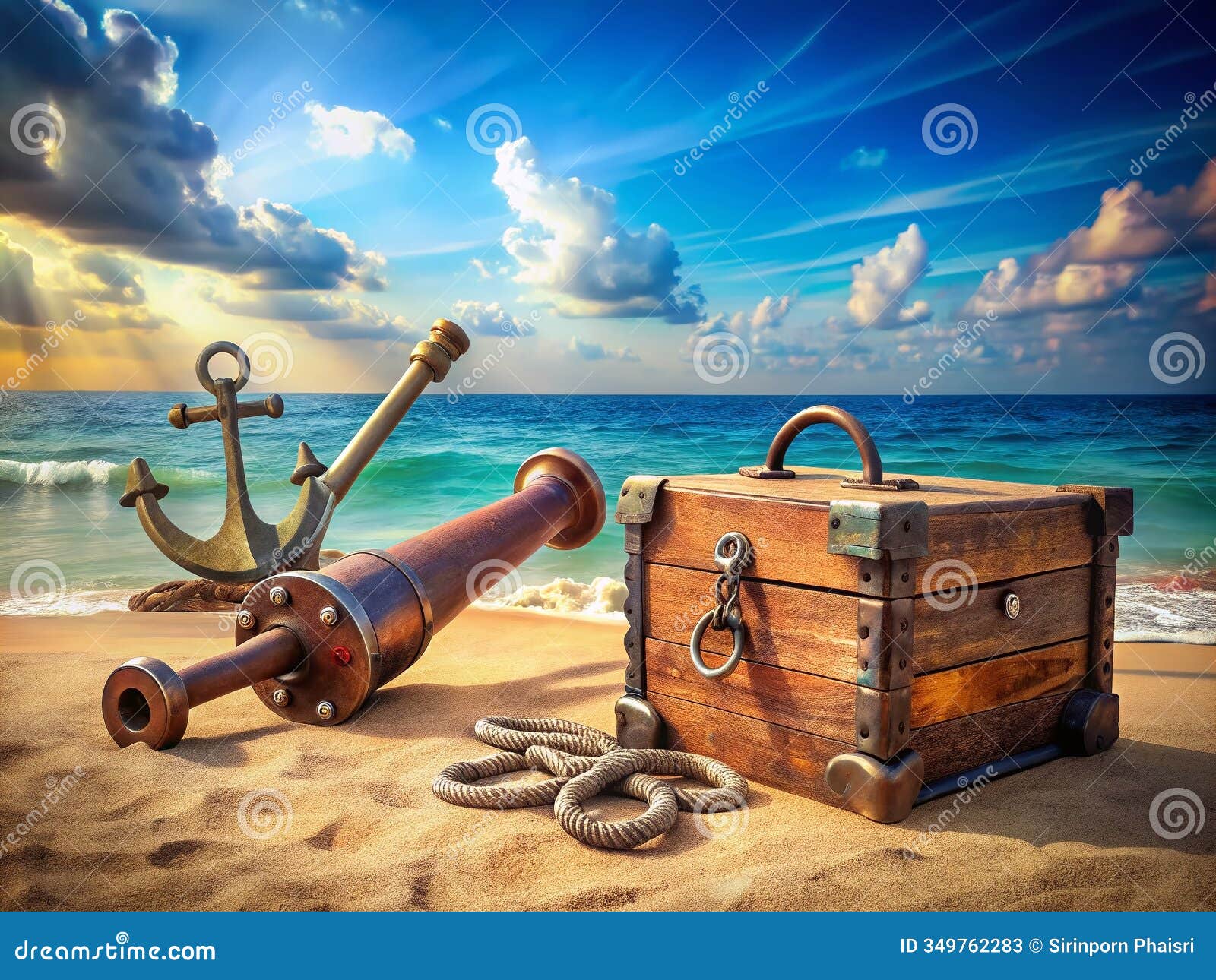 coastal treasures an antique chest spyglass cannon and anchor a 3d rendered scene of coastal adventure perfect for