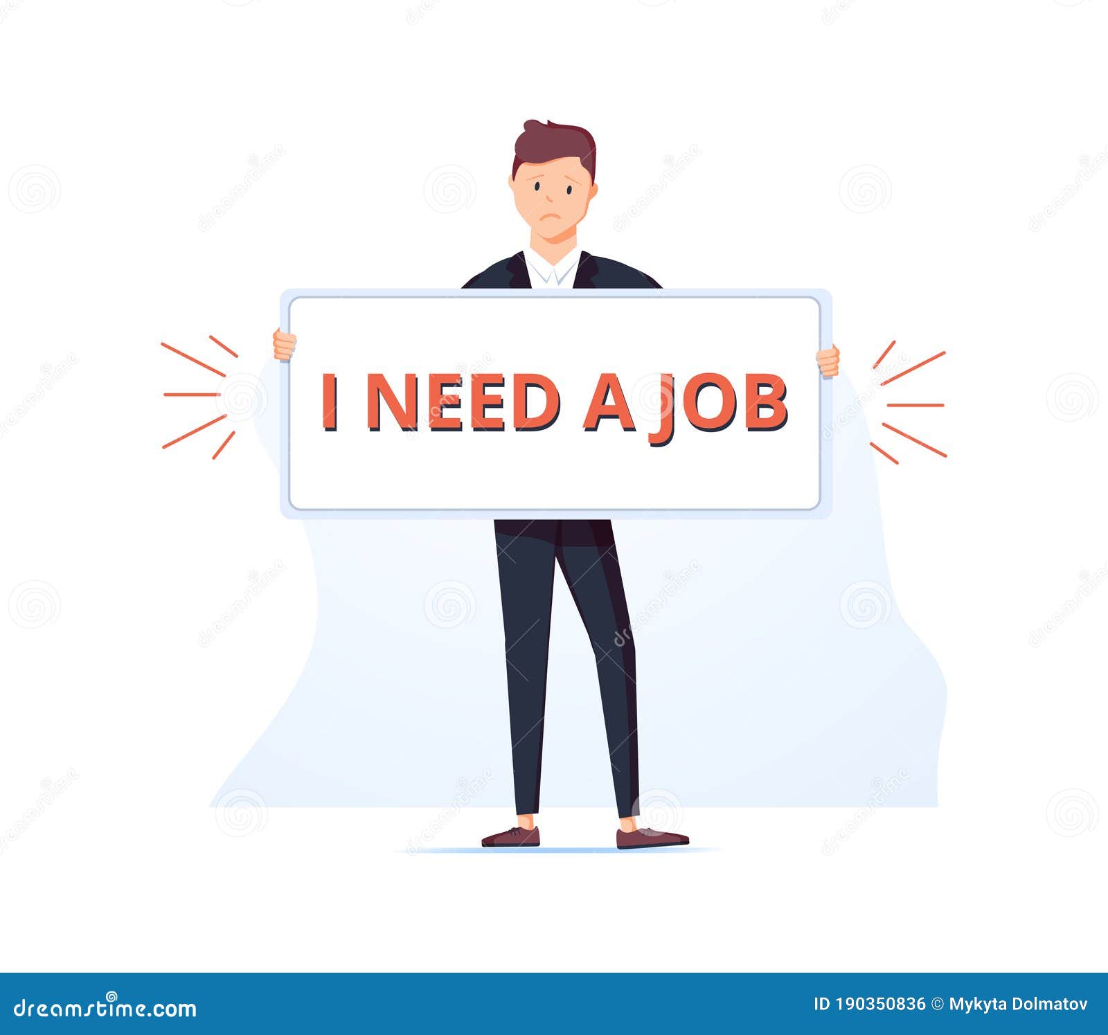 unemployed man hold banner with text i need a job  flat . hopeless guy trying to find work demonstrate