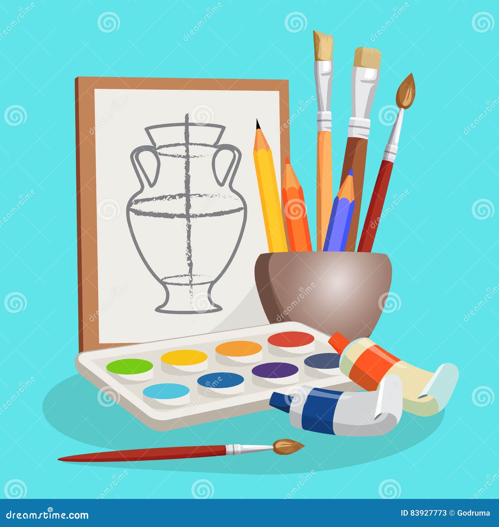 Unfinished Picture of Vase, Little Bowl with Brushes, Colourful Pencils ...